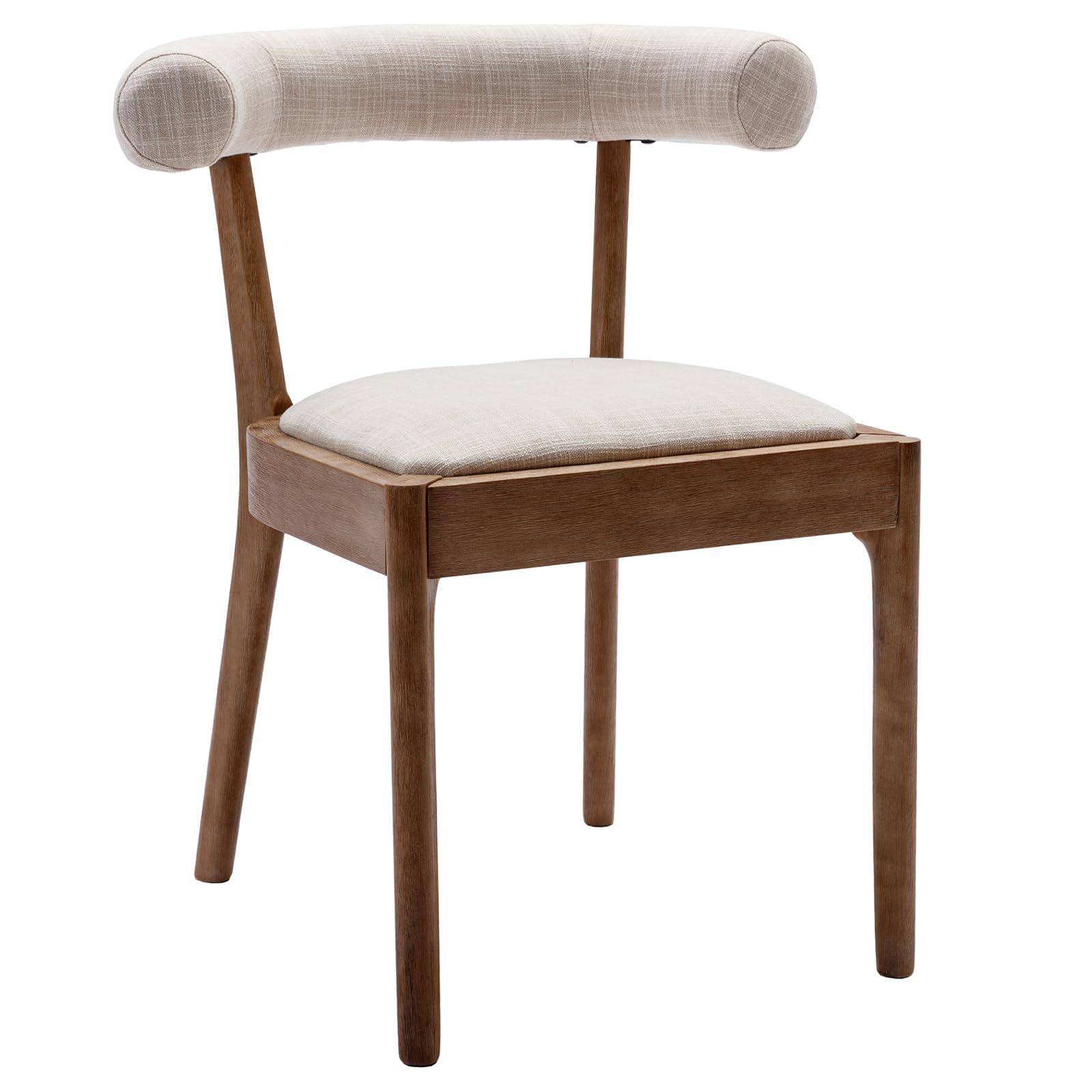 Kmax Dining Chairs Set of 4, Mid-Century Modern Fabric Kitchen Chairs with Natural Walnut Finished Frame & Linen Curved Back, Line Beige - Image 4