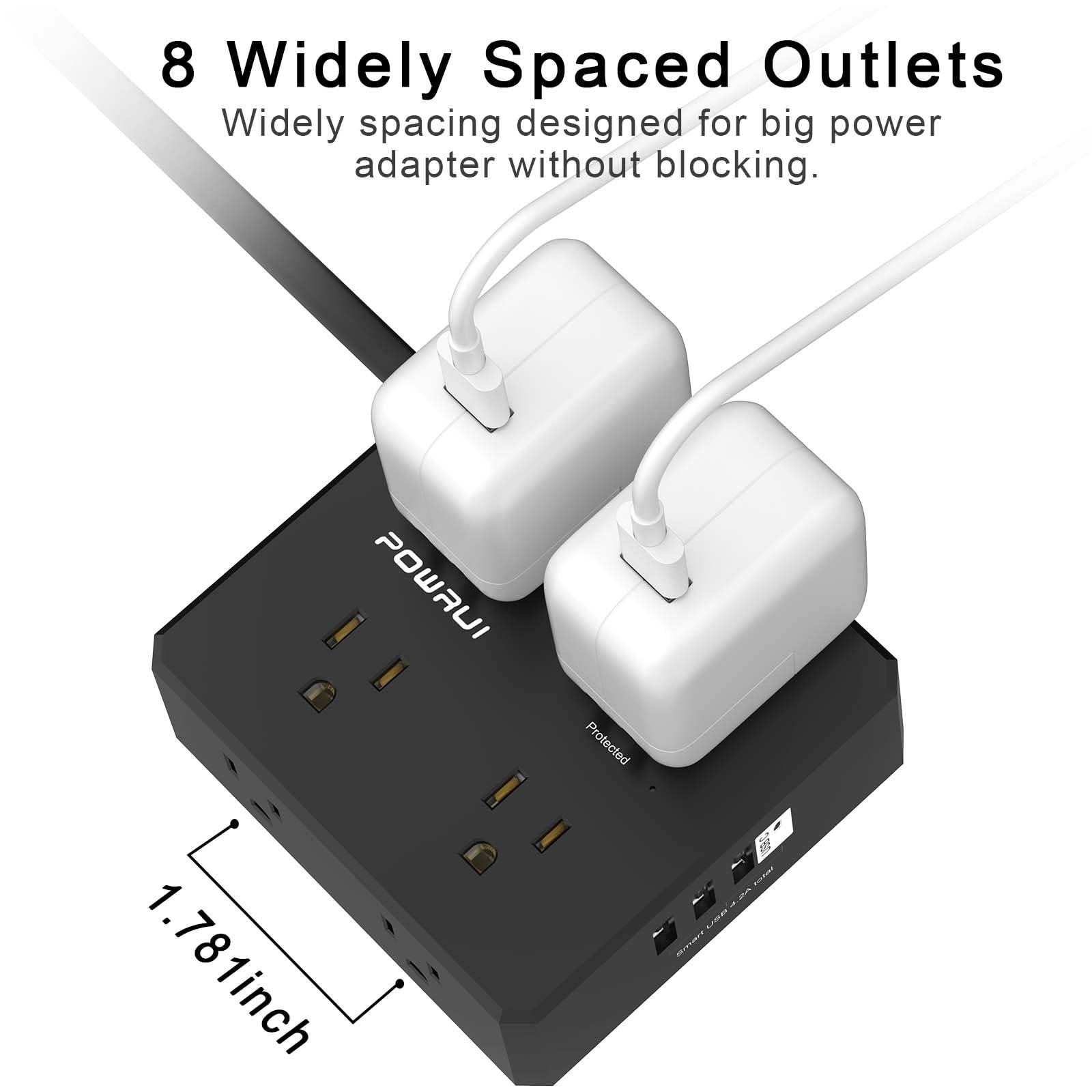 Surge Protector Power Strip - 6 Ft Flat Plug Extension Cord with 8 Widely Outlets and 4 USB Ports(1 USB C), 3 Side Outlet Extender for Home Office, Black, ETL Listed - Image 5