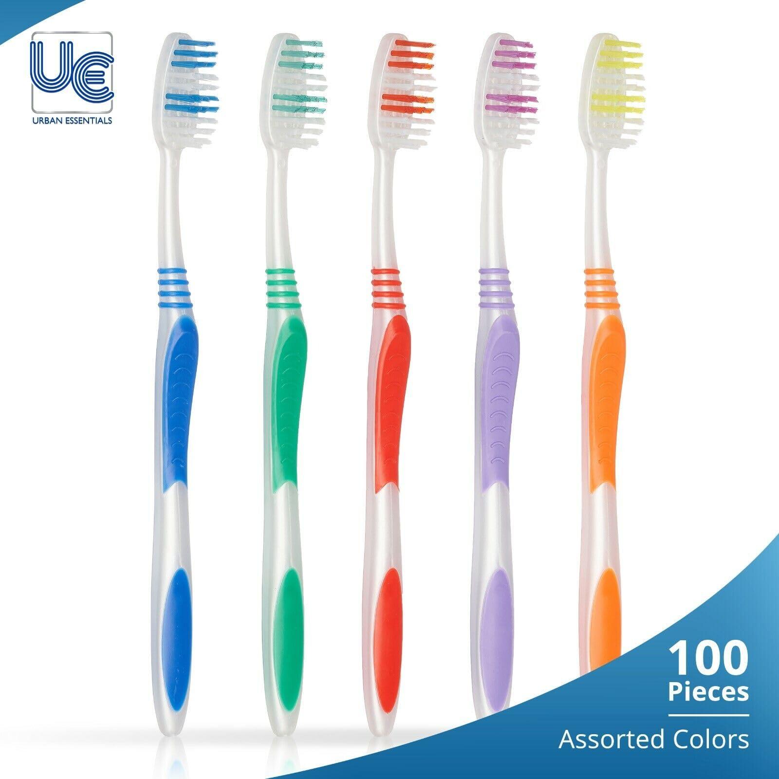 Urban Essentials Bulk Toothbrush Package with Covers | Premium Quality Individually Wrapped Colorful Tooth Brushes | Medium Soft Toothbrush Hygienic Cap for Donations, Travel, Hotels (100 Pack) - Image 2