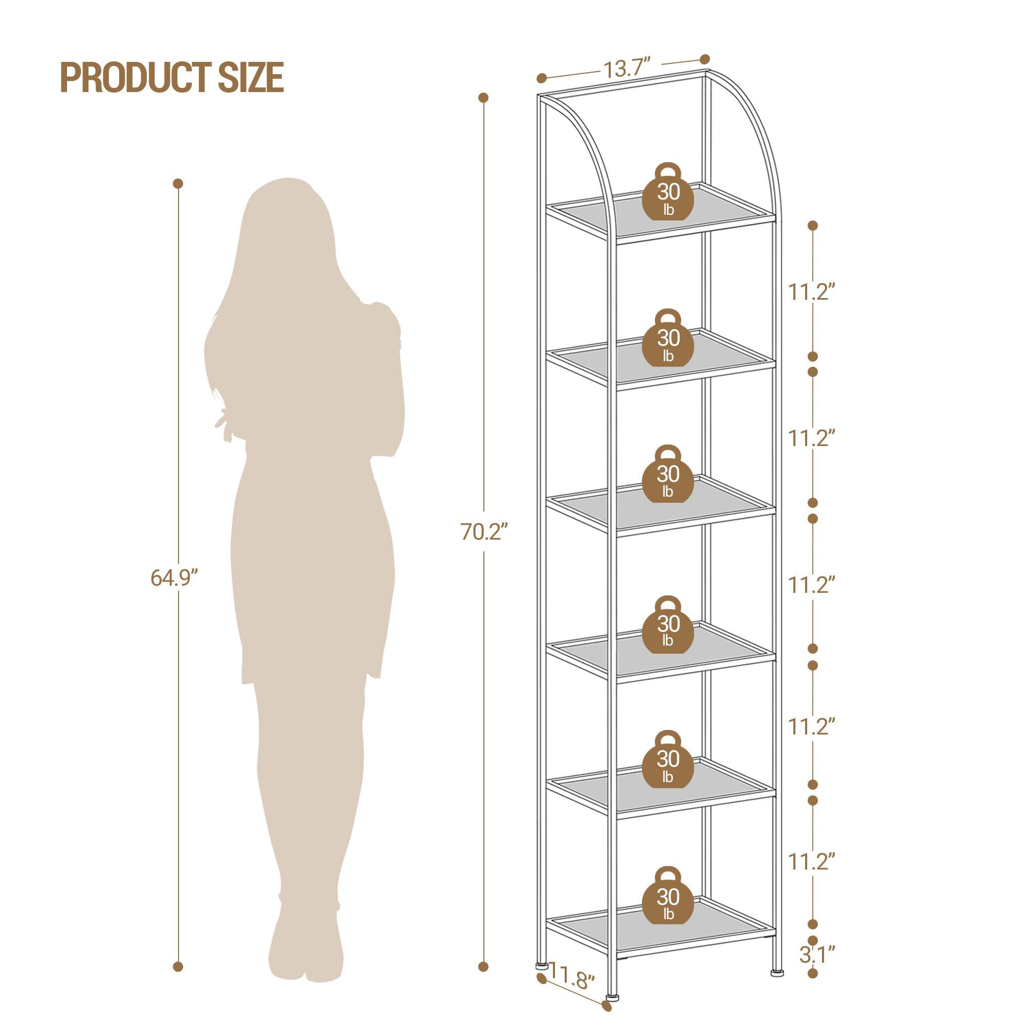 Hzuaneri Bookcase Bookshelf, Tempered Glass Arched Bookshelf for More Storage, Slim Shelving Unit for Bedroom, Bathroom, Home Office, Steel Frame, 6 Tier Gold BC20699G - Image 2