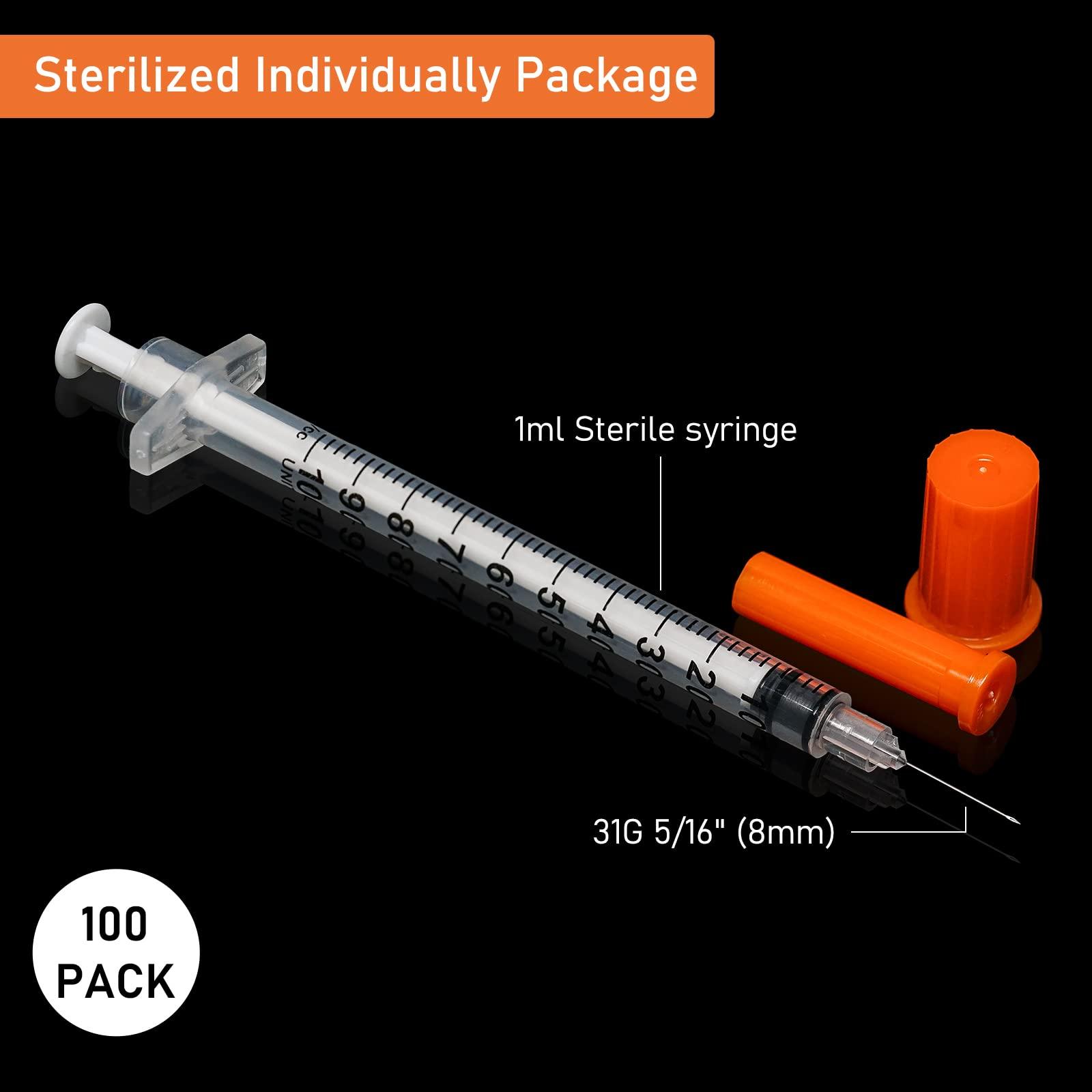 1ml/cc 31G Syringe 5/16" (8mm) Needle, Disposable Individual Package Pack of 100 - Image 2