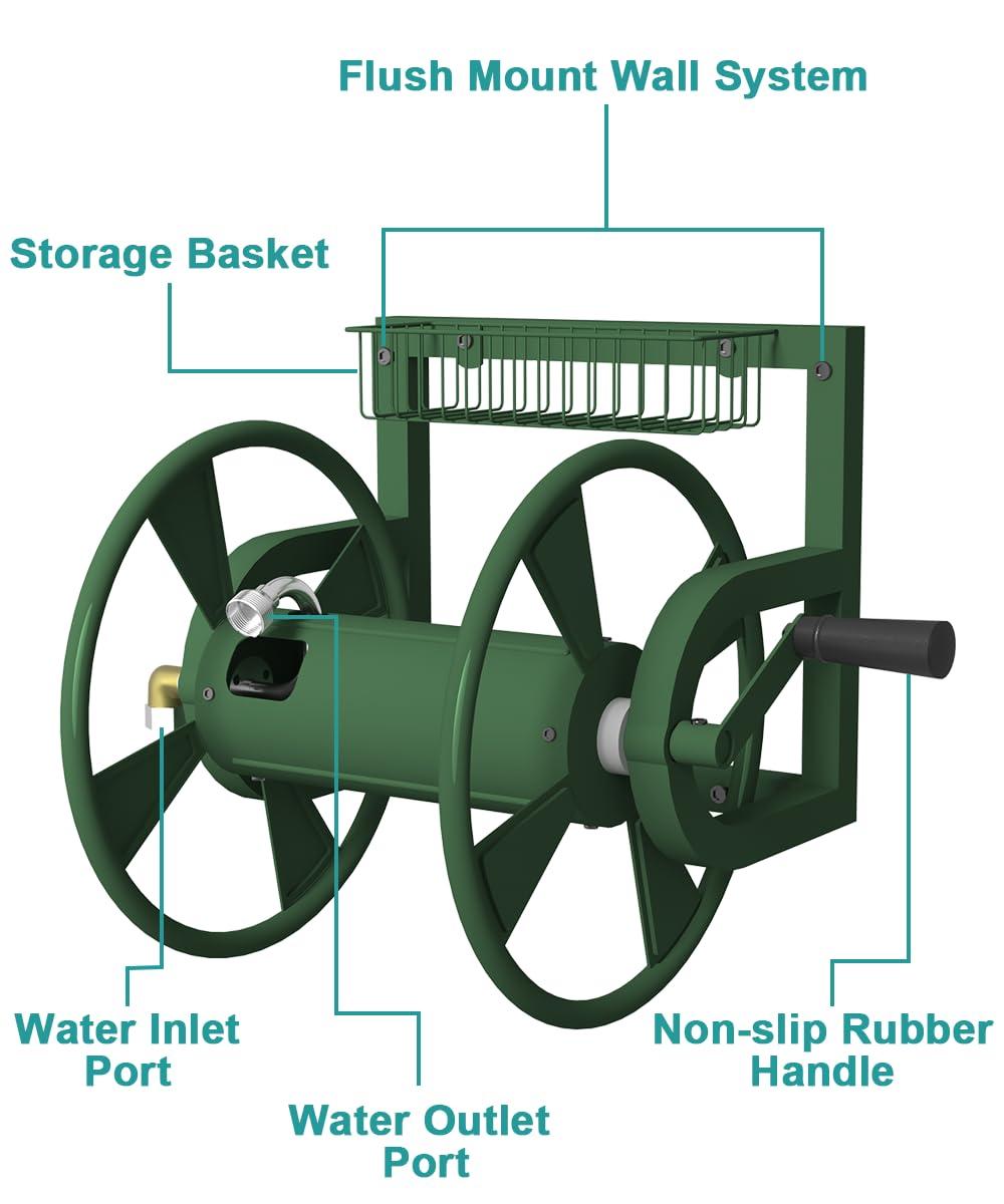 Artigarden Garden Wall Mounted Hose Reel, Outdoor Heavy-Duty Water Hose Holder Winder, Holds 125 Feet of 5/8-Inch Hose, with 3.9 ft Leader Hose, Brass Fitting and Storage Basket for Yard, Green - Image 5
