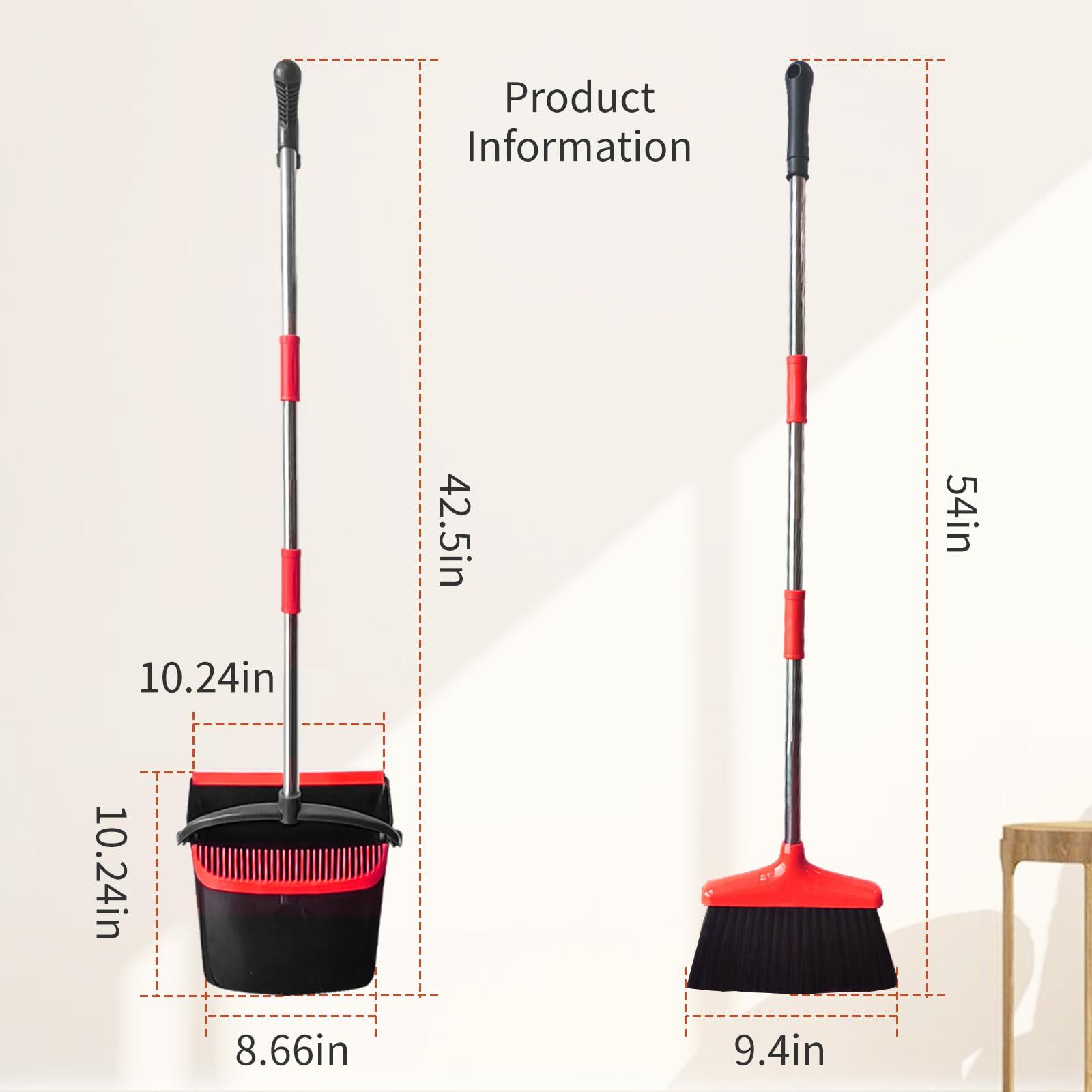 Broom with Dustpan Combo Set 54" Long Handle Adjustable Length Stainless Steel Broomstick Standing Dust Pan and Broom Set for Office Home Kitchen Lobby Floor Cleaning (Red and Black) - Image 3
