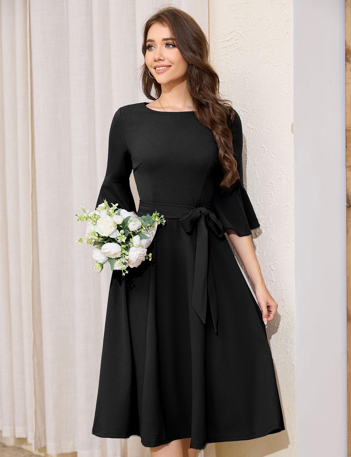 HomRain Women's Church Dresses for 2025 Wedding Guest Cocktail Tea Party Bell Sleeve Vintage Evening Graduation Dress - Image 4