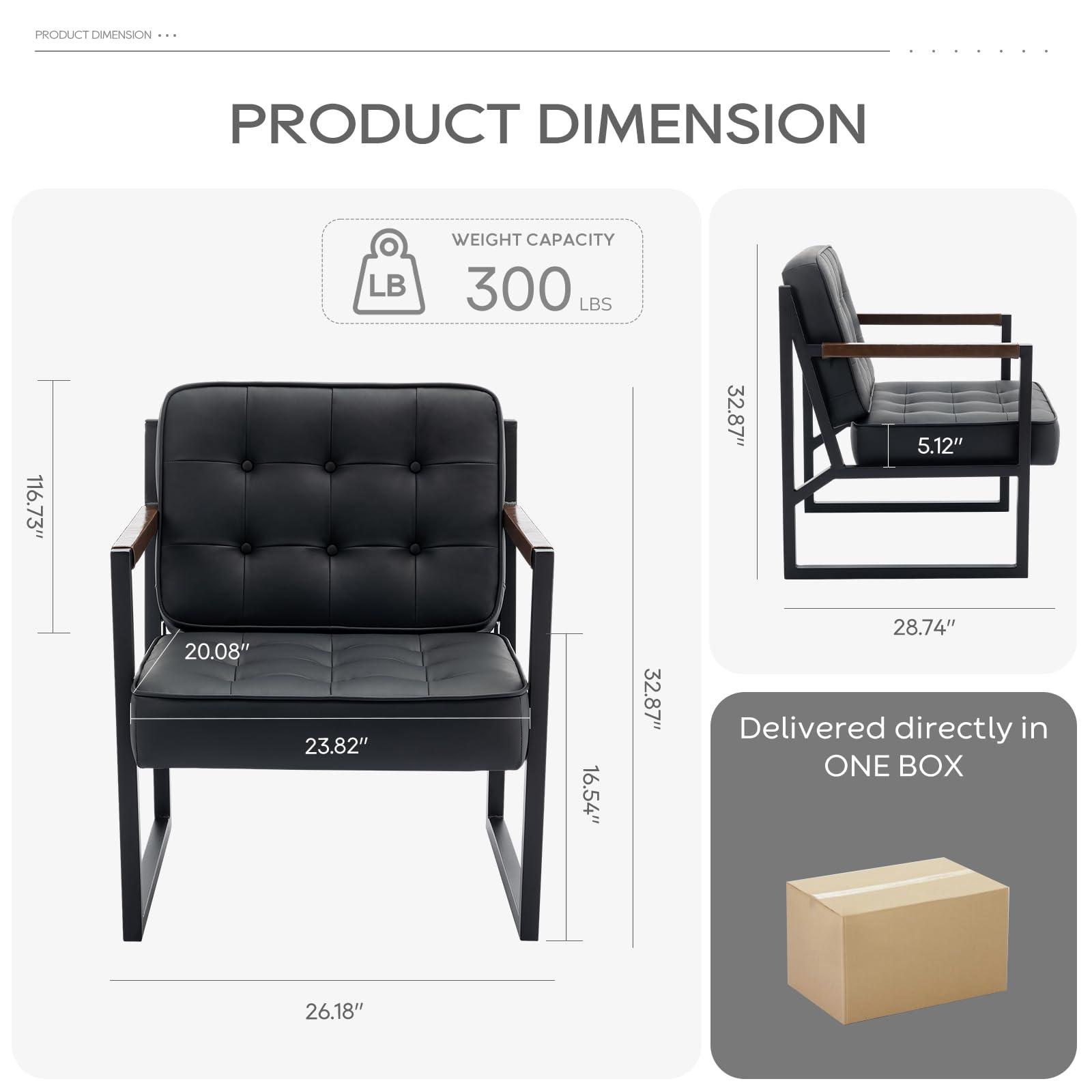 COLAMY Mid Century Modern Accent Chair Set of 2, Comfy Living Room Chair, Black Leather Accent Chair, Faux Leather Reception Armchair with Metal Legs for Living Room Bedroom Reception Office, Black - Image 2
