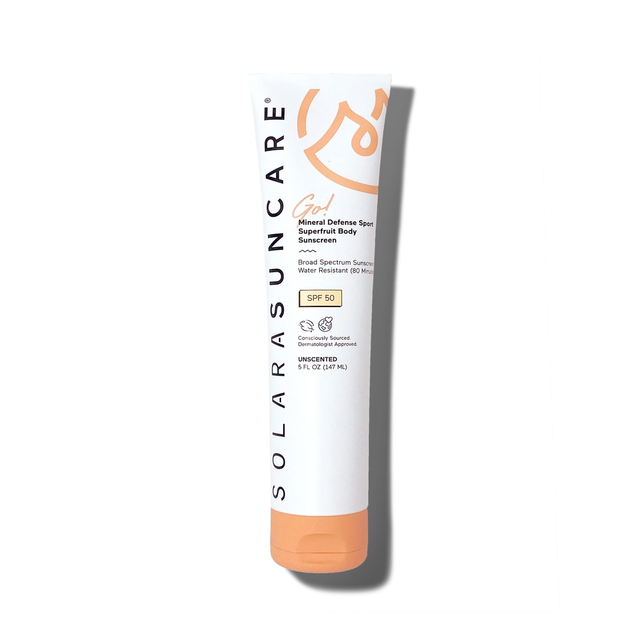 Solara Suncare - Go! Mineral Defense SPORT Superfruit Body Sunscreen, SPF 50 | EWG Verified, Vegan, Cruelty-Free, Reef-Friendly | Unscented, Sensitive Skin Safe, Water-Resistant (5 fl oz | 147 ml)