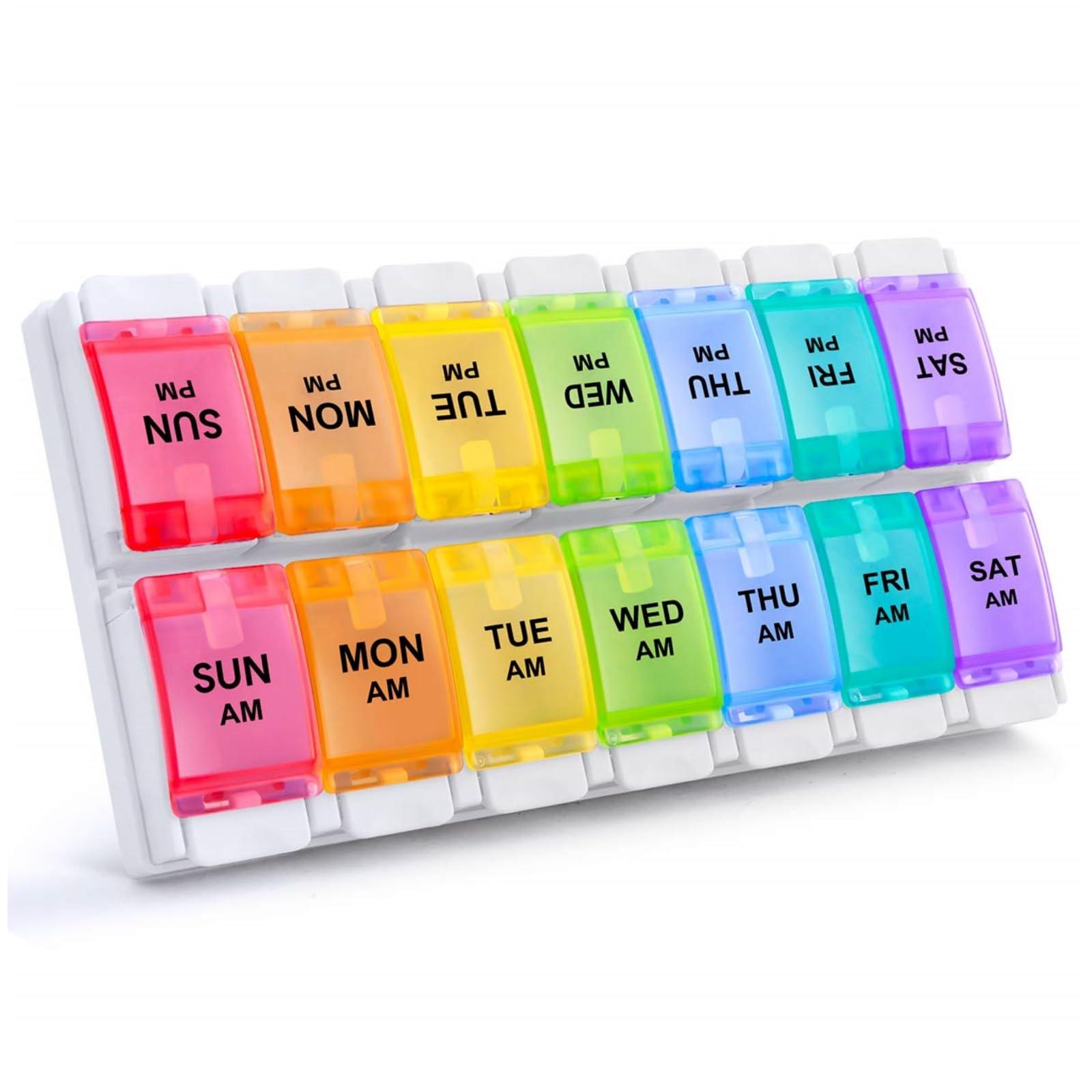 Sukuos AM PM Weekly Pill Organizer 2 Times A Day, Large Daily Pill Box Case 7 Day with Easy Push Button Design, Detachable Medicine Holder for Vitamin/Fish Oil/Supplements (Rainbow)