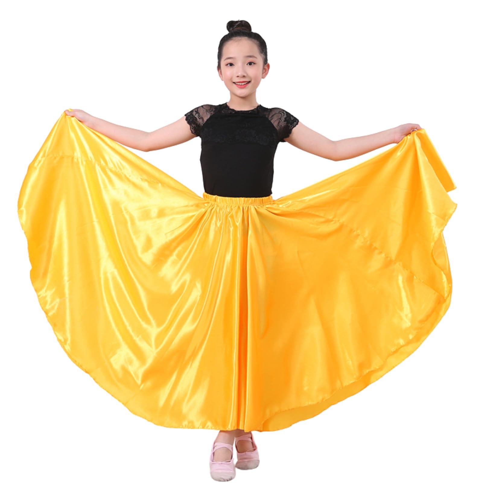 Girls Satin Full Circle Long Dance Skirt Ankle Length Shiny Satin Swing Skirt for Girls 8-12 Years Belly Dance Long Skirt