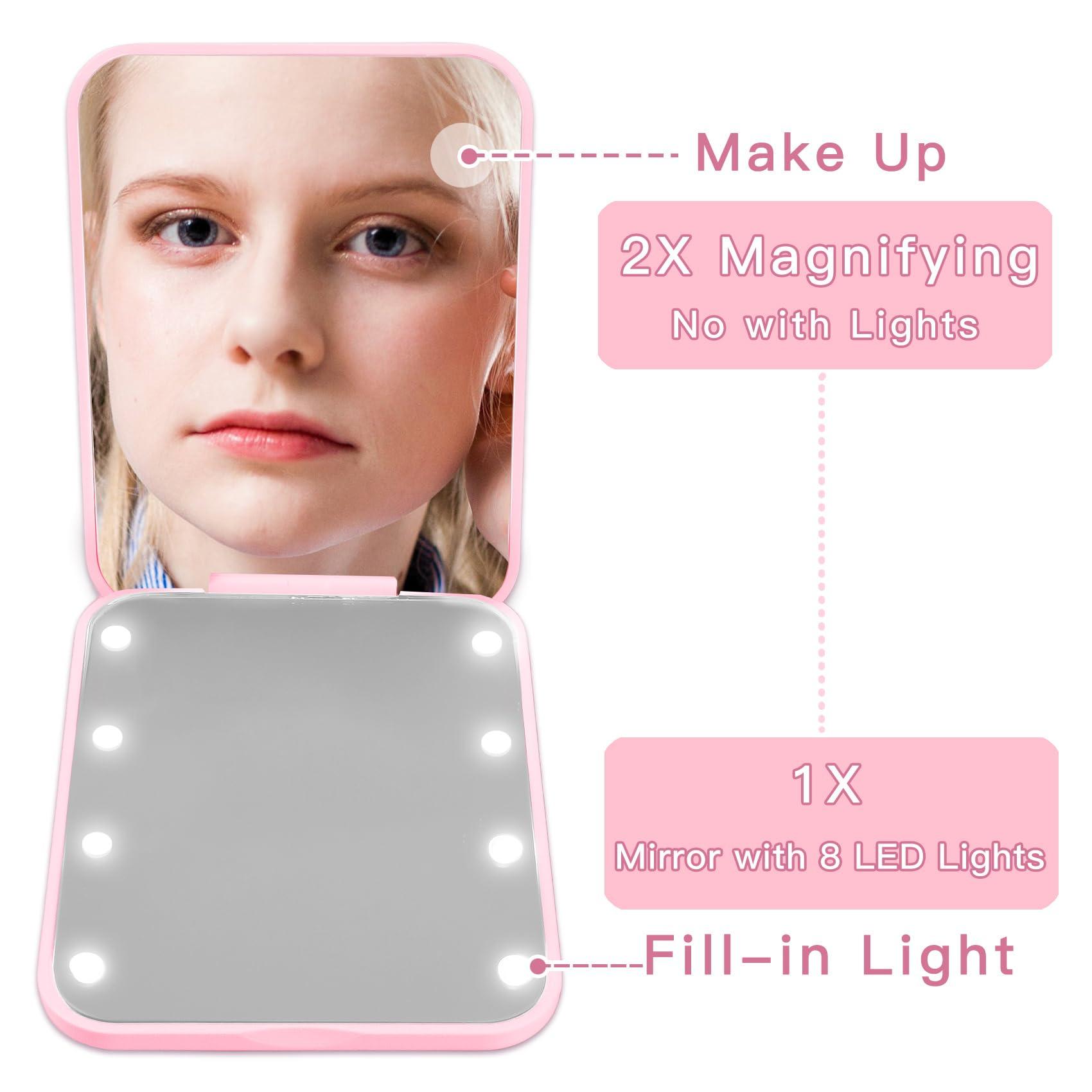 Aganmi Preppy Stuff Pearl Initial Travel Compact Mirror with Lights Personalized 1X/2X Magnification Mini LED Makeup Mirror for Purse Pink Portable Pocket Mirror Trendy Gift for Women Teen Girls (A) - Image 5