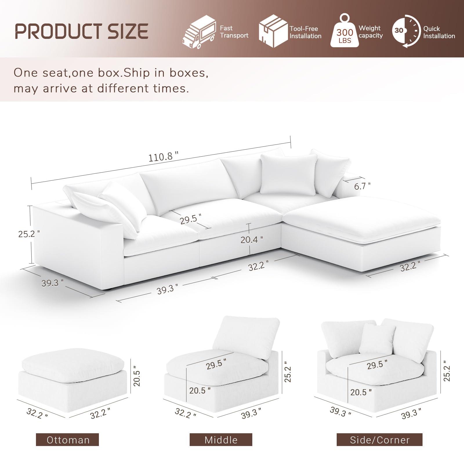 Intuition Decor Oversize Cloud Modular Sectional Sofa,110.8" L Shape 3 Seaters with Chaise Down Filled Comfort Sofa Detachable Couch Cushion Covers for Living Room,White - Image 2