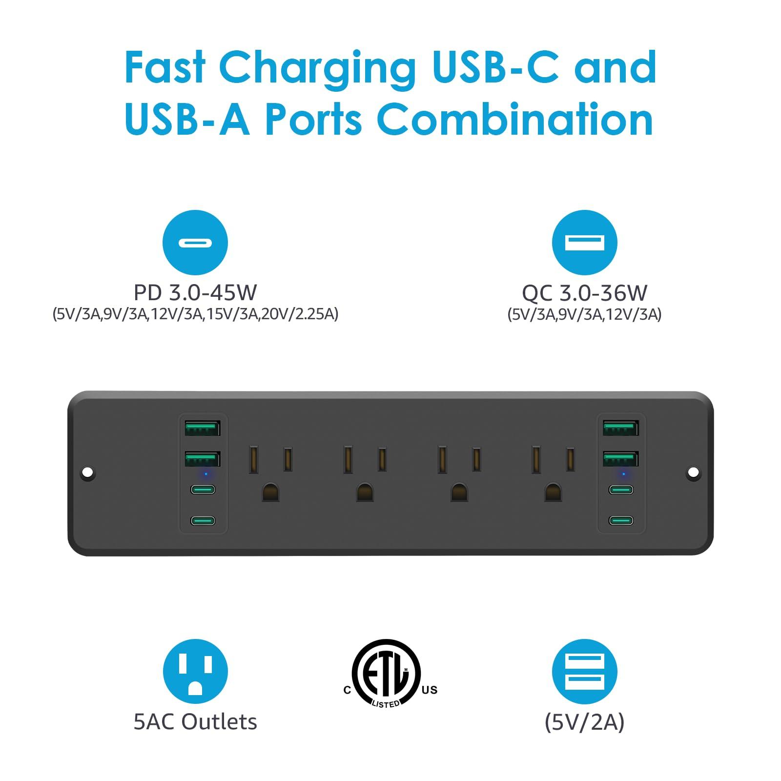 HHSOET 16 in 1 Recessed Power Strip Flat Plug, 45W Fast Charging Furniture Outlet with USB, Conference Recessed Surge Protection with 8 AC Plugs, 4 USB Ports 4 USB-C, 10ft Power Cord.(Black) - Image 4