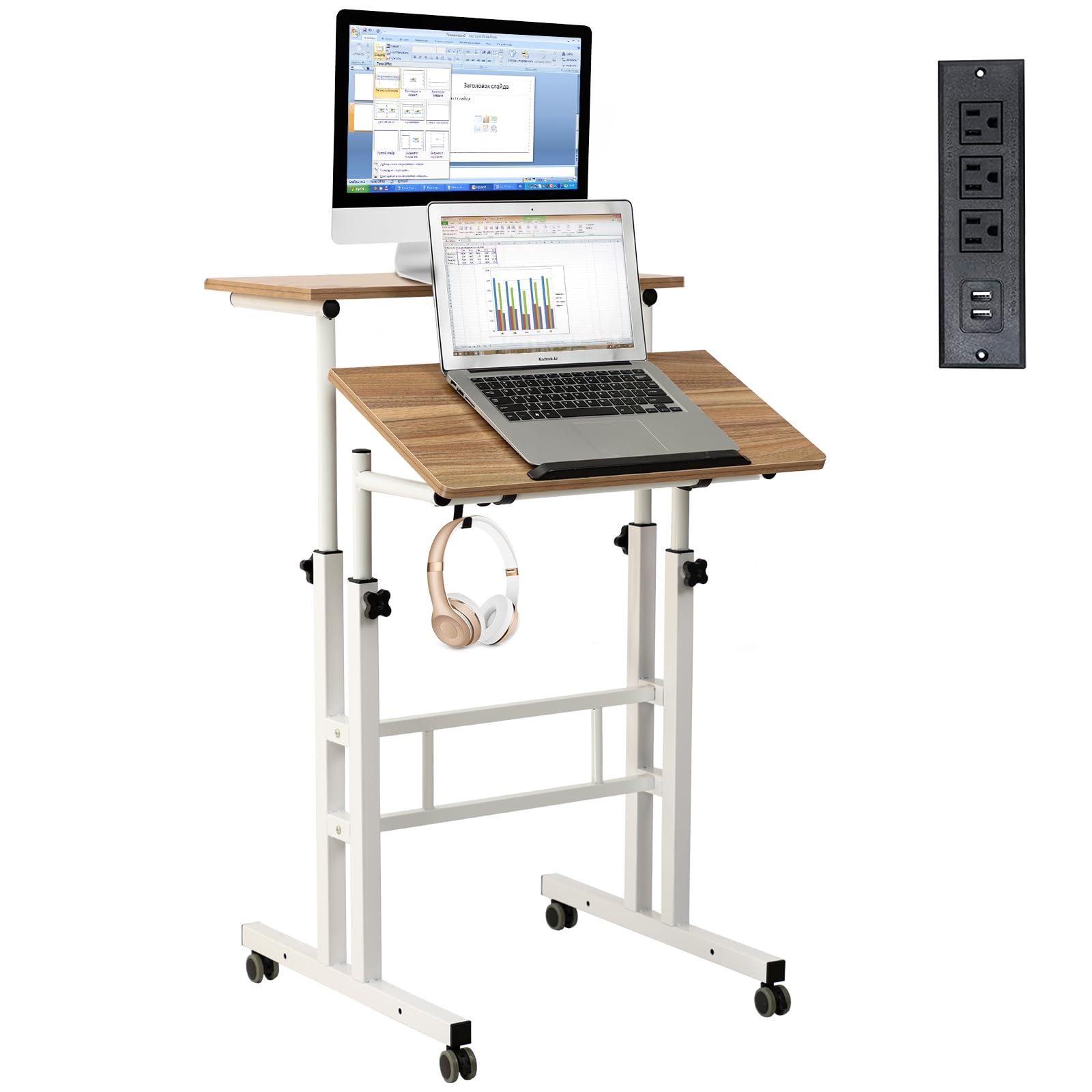 Hadulcet Mobile Standing Desk with Charging Station, Adjustable Computer Desk, Laptop Cart with Wheels for Home Office, Classroom - Vintage Oak
