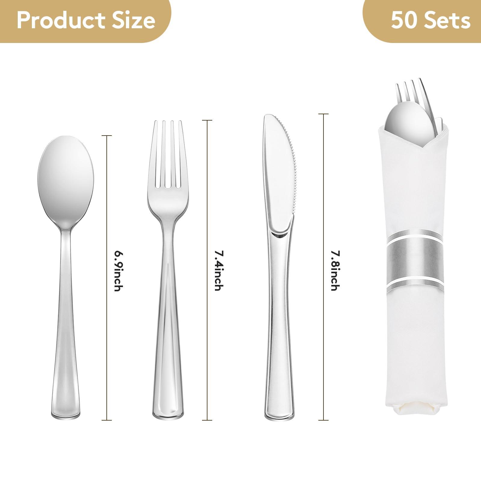 Goodluck 50 Pack Pre Rolled Silver Plastic Silverware, Wrapped Plastic Cutlery Set with Napkin Include 50 Forks, 50 Knives, 50 Spoons and 50 Napkins, Fancy Disposable Silverware for Party, Wedding - Image 3