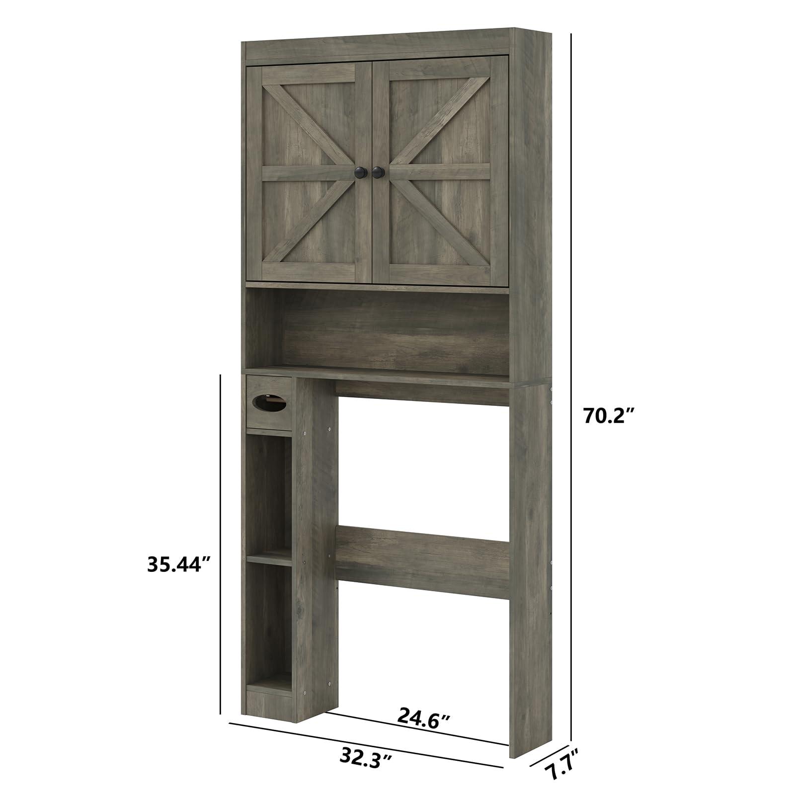 Furnideco 32.3''W Over The Toilet Storage Cabinet with Barn Doors, Over Toilet Shelf Farmhouse Storage Cabinet Space Saver with Toilet Paper Holder & Adjustable Bottom Bar, Gray - Image 2