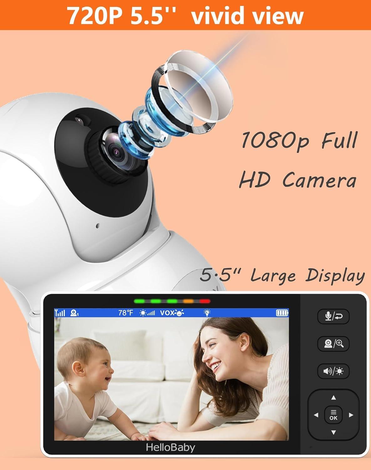 HelloBaby 720P 5.5'' HD Baby Monitor with Camera and Audio No WiFi, Video Baby Monitor, Remote Pan Tilt Zoom Wide View Range, 1080P Infant Camera, Night Light, Hack Proof, 4000mAh Battery, 1000ft - Image 2