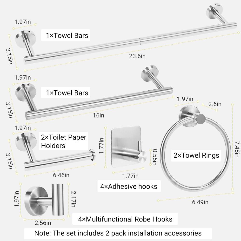 Brushed Silver Bathroom Towel Bar Set, 14-Piece Stainless Steel Hardware Bathroom Accessories, 16" and 24" Towel Racks for Bathroom Walls - Image 3