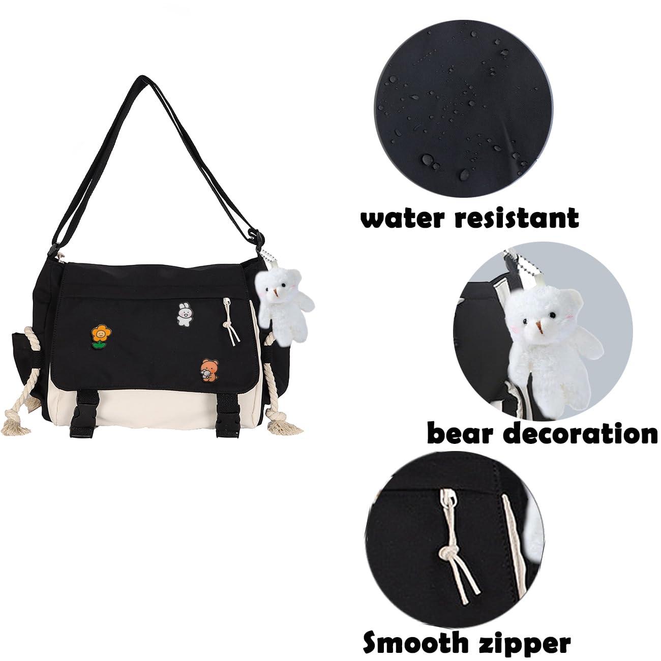 PRLINJSK Cute Messenger Bag for Teen Girls Women, Kawaii Crossbody Shoulder Purse with Pins and Stuffed Pendant Gift - Image 4