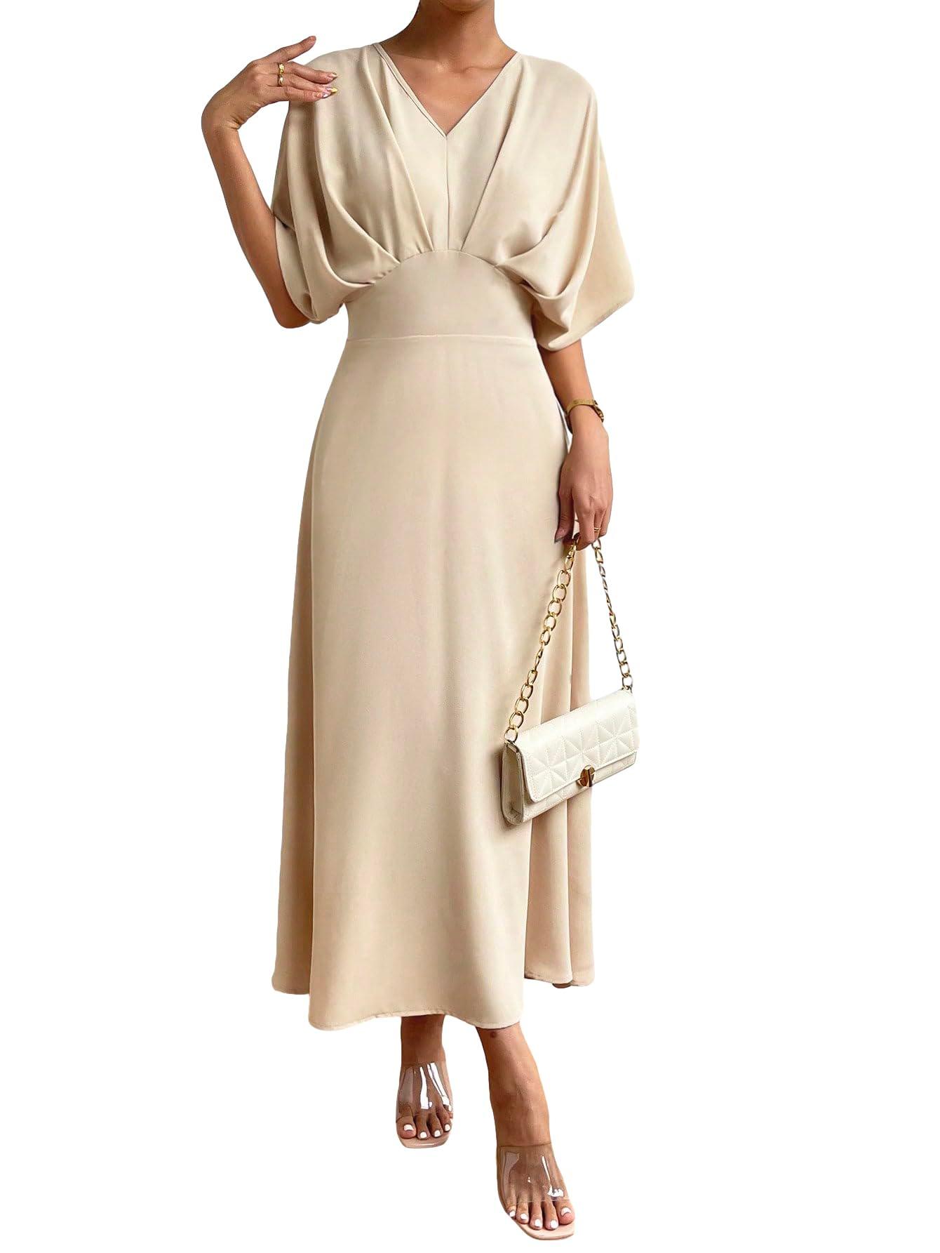 Floerns Women's V Neck Half Sleeve Ruched Cocktail Evening A Line Long Dress