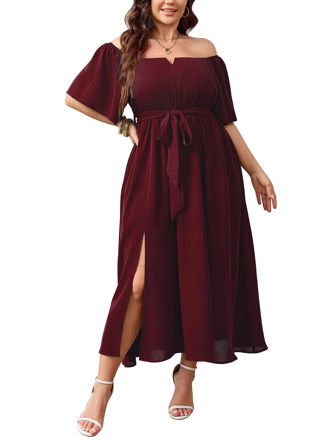 SCOMCHIC Womens Plus Size Formal Maxi Dress Off The Shoulder Wedding Guest Cocktail A-Line Split Long Dress with Pockets
