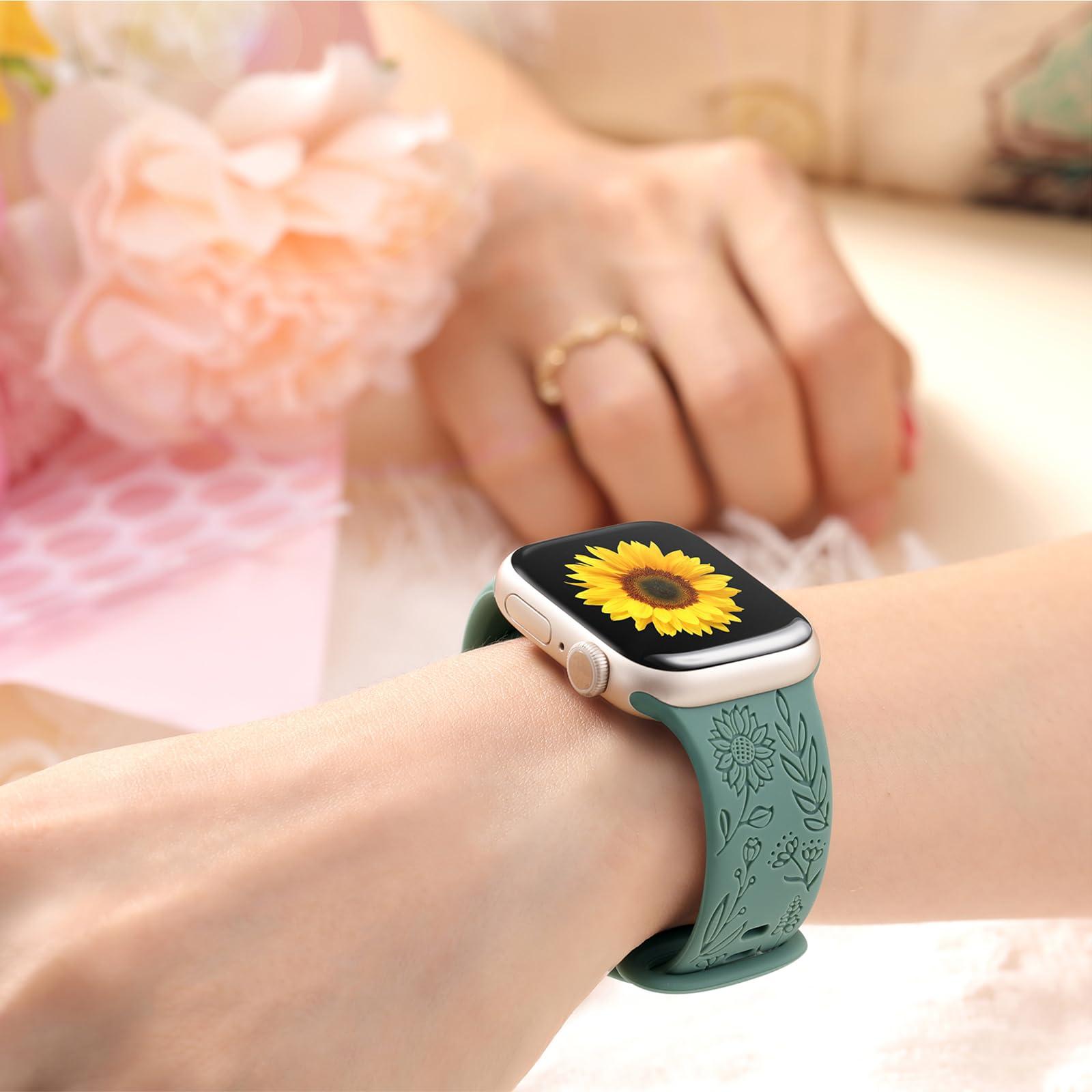 SNBLK 6 Pack Floral Engraved Bands Compatible with Apple Watch Bands for Women & Men, Soft Silicone Cute Flower Pattern Sport Strap for iWatch Series 1-10, Ultra, SE - Image 6