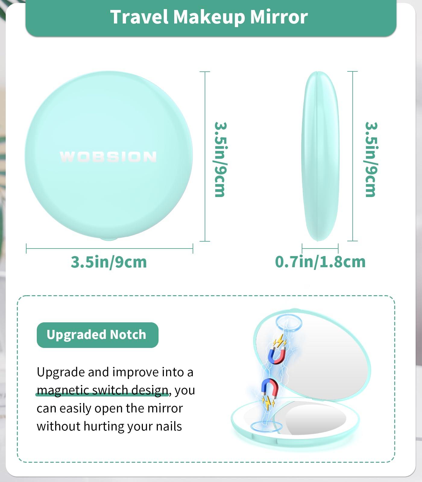wobsion LED Lighted Travel Makeup Mirror, 1x/10x Magnification, Compact, Portable for Handbag, Purse, Pocket, 3.5 inch Illuminated, Folding, Handheld, 2-Sided, Round, Cyan - Image 3