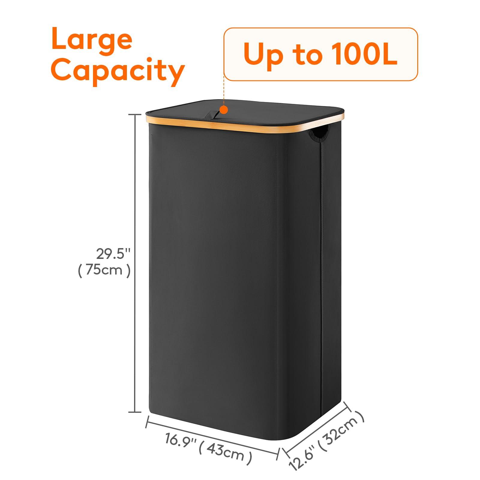 Lifewit 100L Laundry Basket with Lid, Clothes Hampers for Laundry with Bamboo Handles and A Removable Bag, Large Foldable Laundry Hamper for Bedroom, Bathroom, Dorm, Laundry Room, Black - Image 3