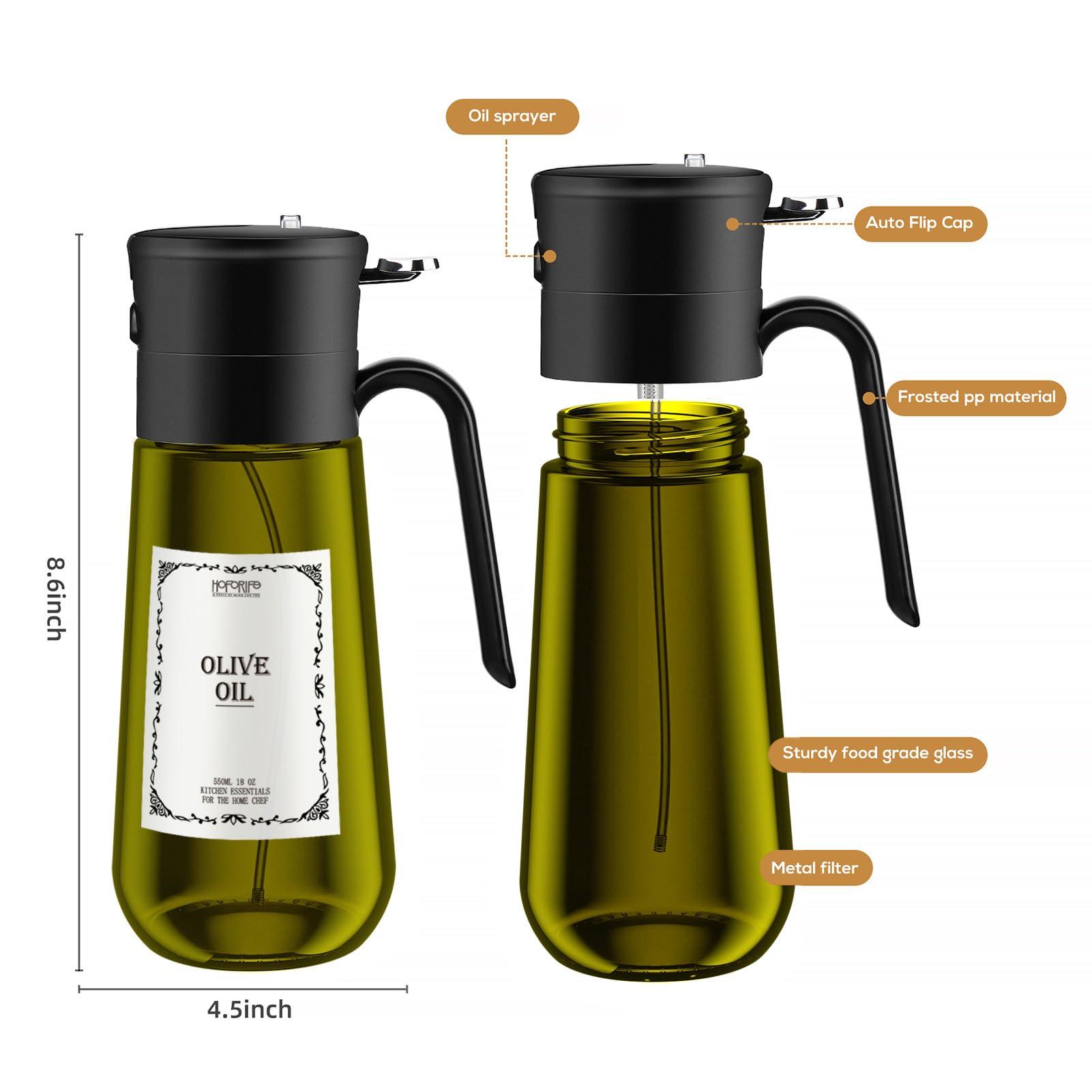 hoforife Glass Olive Oil Dispenser for Kitchen, 2 In 1 Oil Dispenser Bottle & Oil Sprayer for Cooking, Auto Flip Cap, 18oz Black (Light Blockage) - Image 2