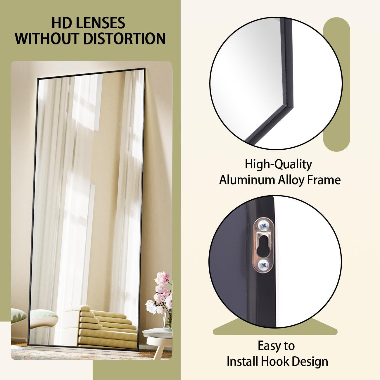 BEAUTYPEAK Full Length Mirror with Stand, 56"x21" Floor Mirror with Aluminum Alloy Thin Frame, ShatterVue Tempered Full Body Mirrors, Free Standing or Wall-Mounted Mirrors for Living Room, Black - Image 6