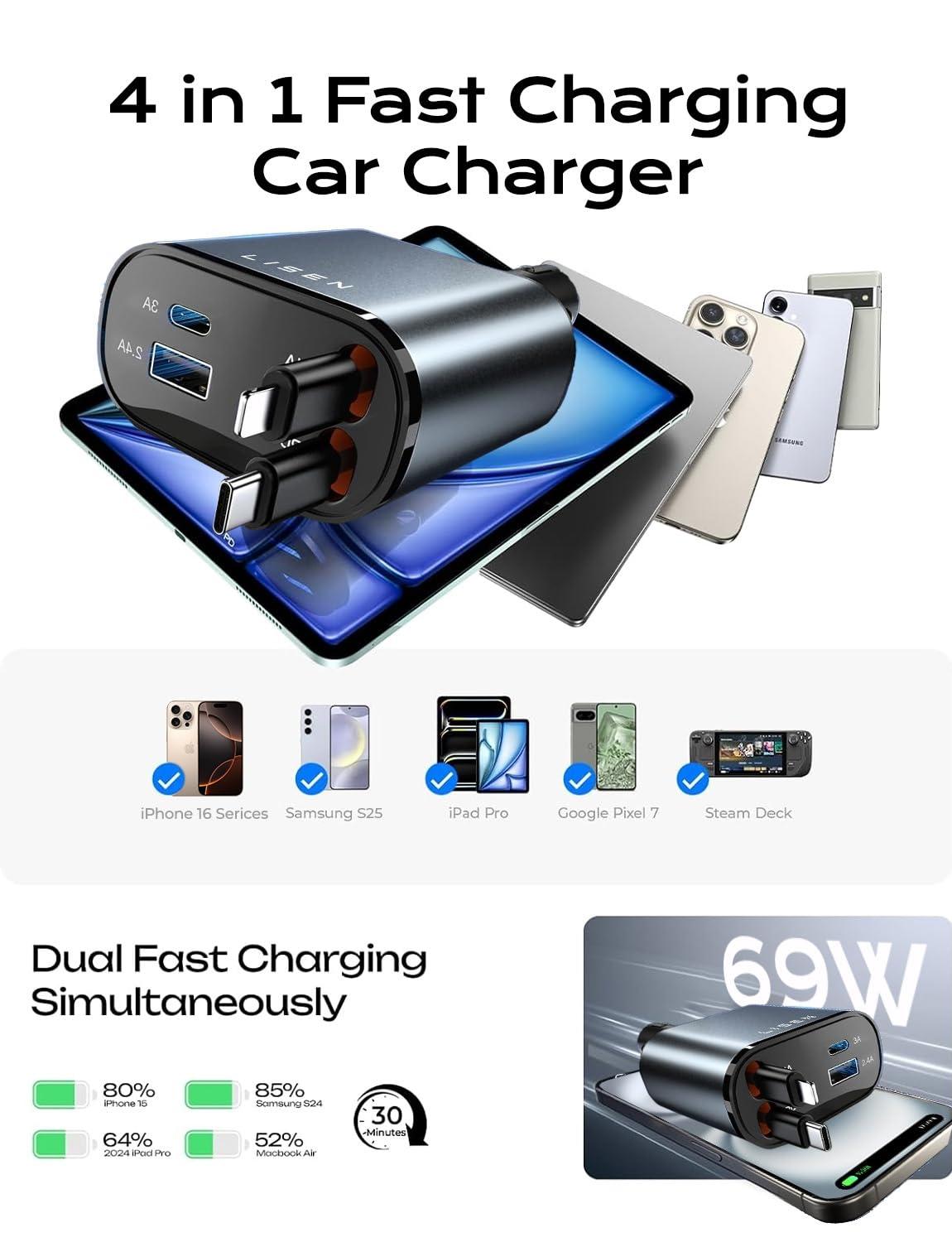 LISEN Retractable Car Charger, 69W USB C Car Accessories Adapter for iPhone 16 USB C Charger Fast Charging, Honda Civic Accessories, Travel Essentials Gifts for Women Men, for iPhone 16 15 14 13 12 - Image 5