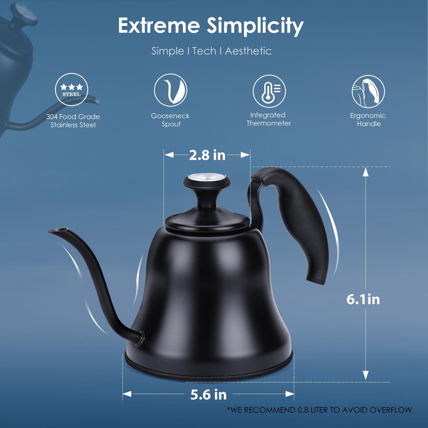 Chefbar Tea Kettle with Thermometer Stovetop Gooseneck Kettle 28oz 0.8L Pour Over Coffee Pot, Matte Black Camping Home Kitchen Water Boiler, 1Pack - Image 2