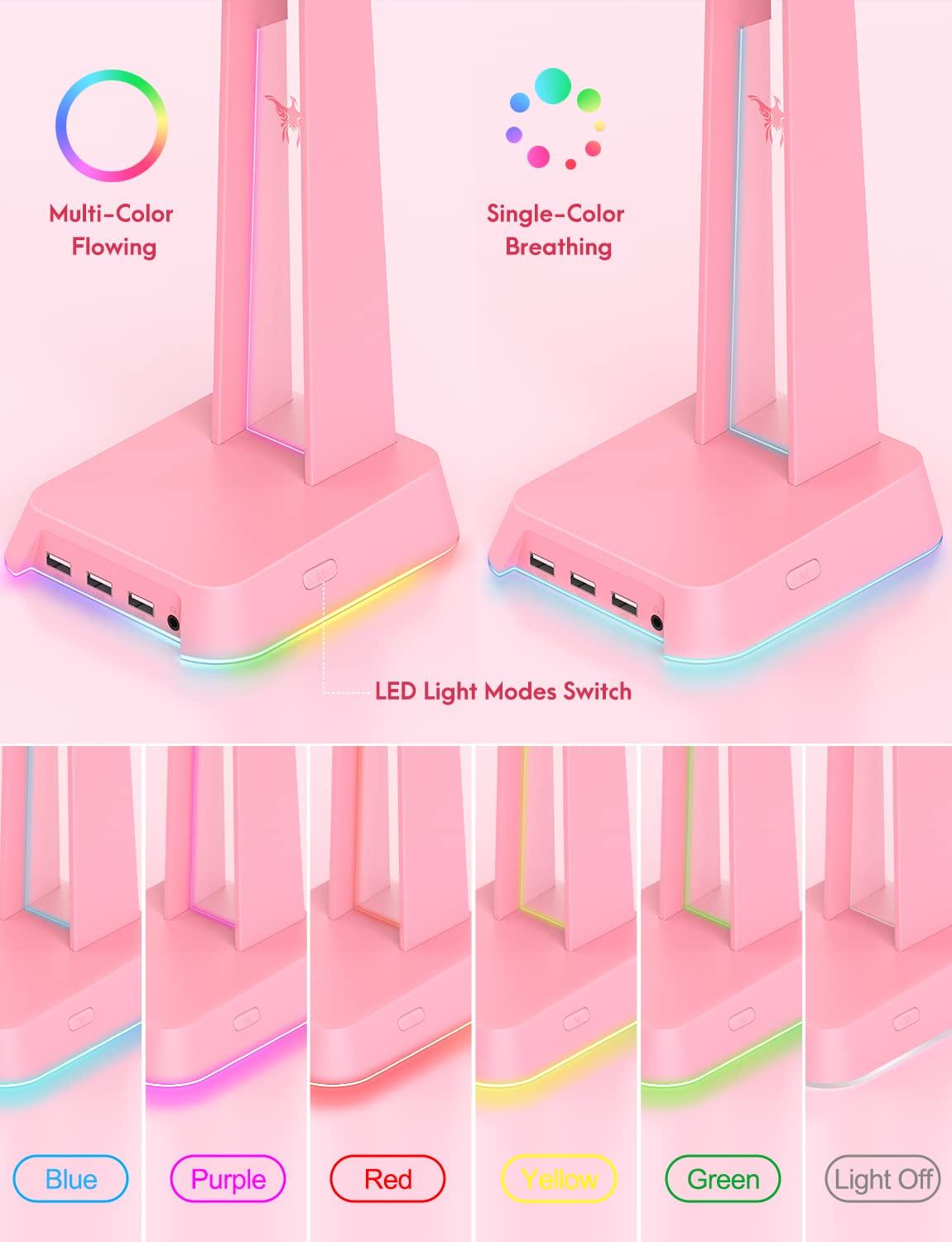 PHNIXGAM RGB Headphone Stand with 3.5mm AUX and 3 Port USB 2.0 Hub, Universal Gaming Headset Hanger Holder for Computer Gaming Gamer Accessories (Pink) - Image 2