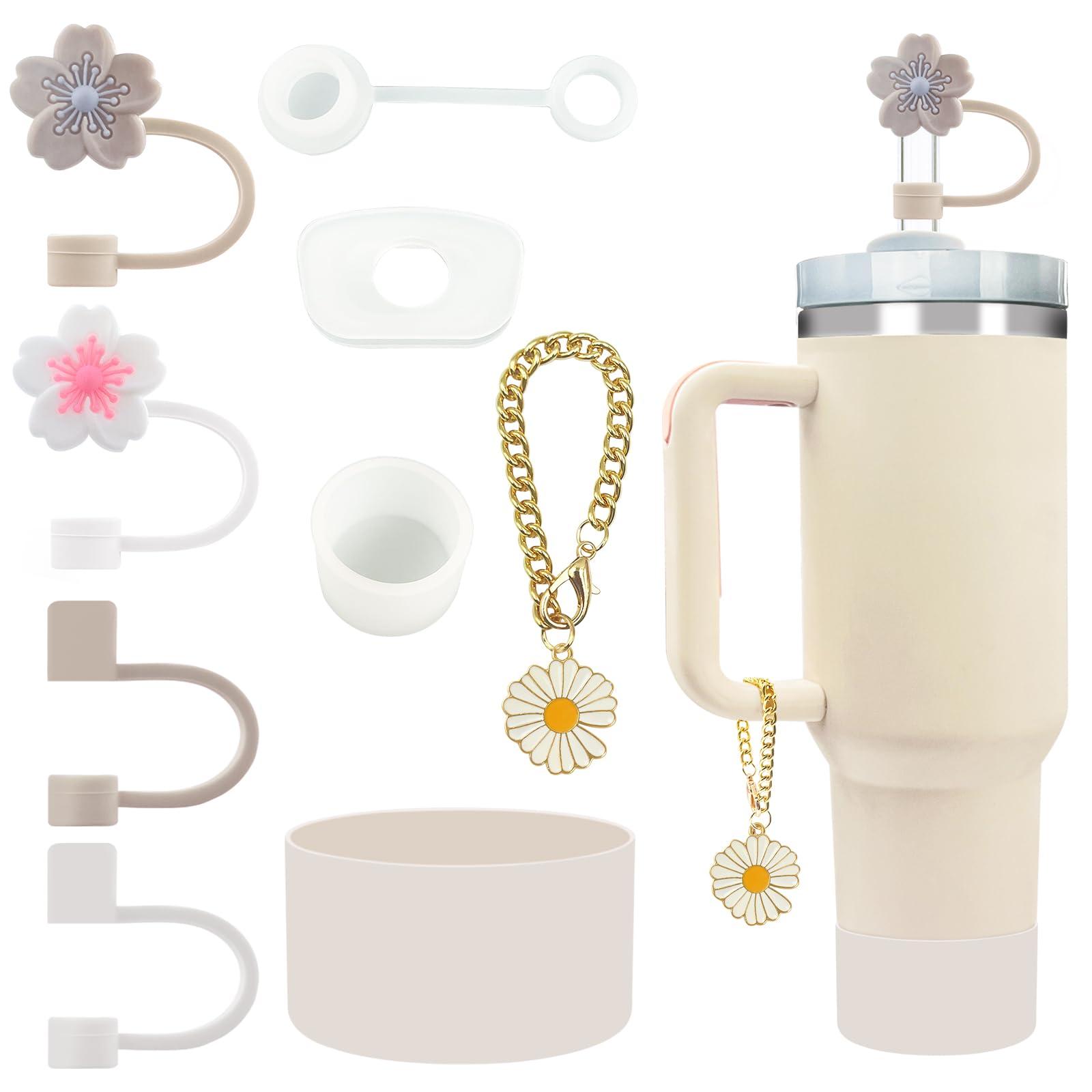 Velaco 9 PCS Accessories for Stanley 30/40 oz Tumbler, including Spill-Proof Stopper Set, Straw Toppers, Silicone Cup Boot, Keychain Charm - White