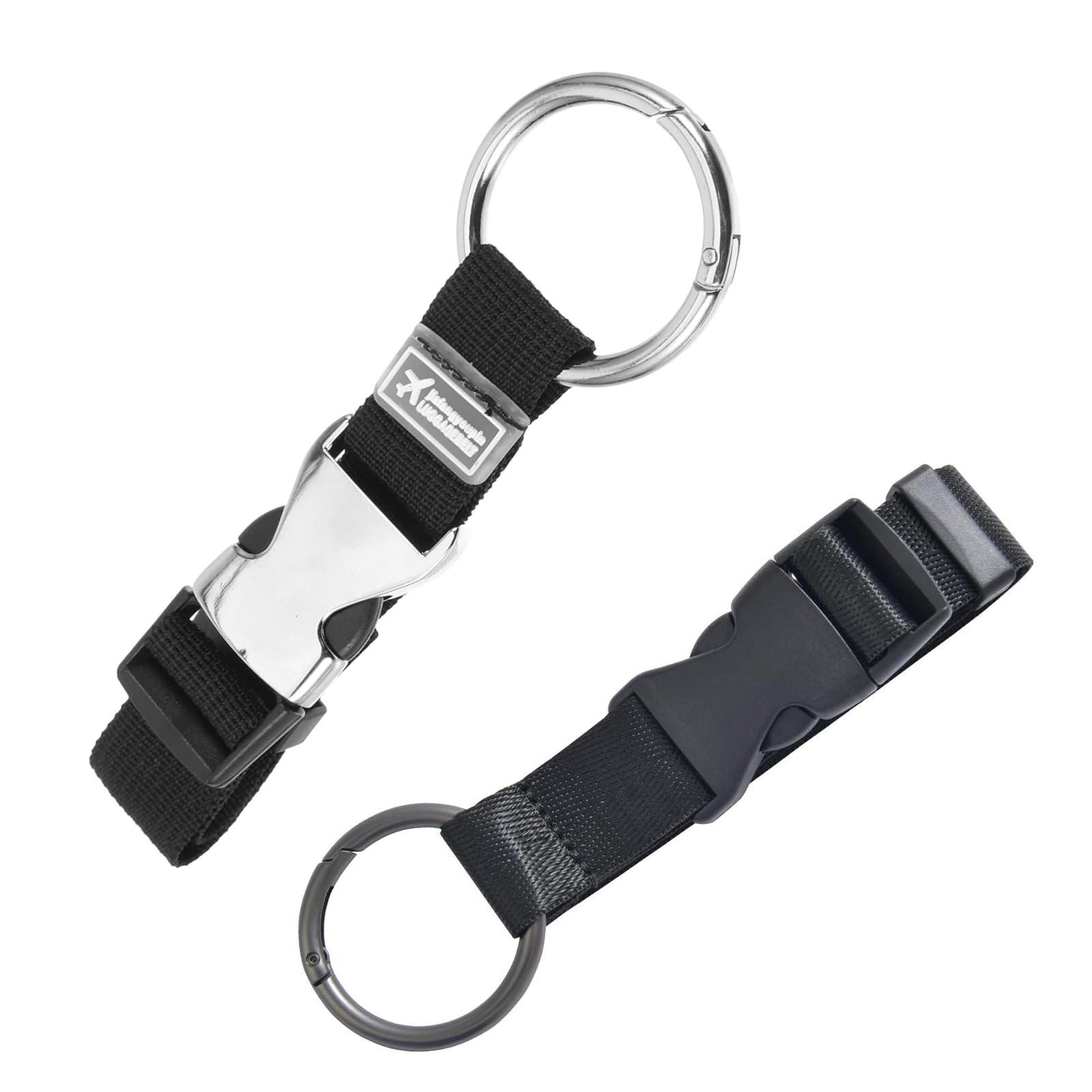 FLONSA Luggage Straps 2 Pack Metal Key Ring Clips Set - 1.5" and 2" Key Rings, Add-A-Bag Luggage Strap Jacket Grippers, Small Carabiner Clips for Keychains, Purse, and Travel Accessories-Black