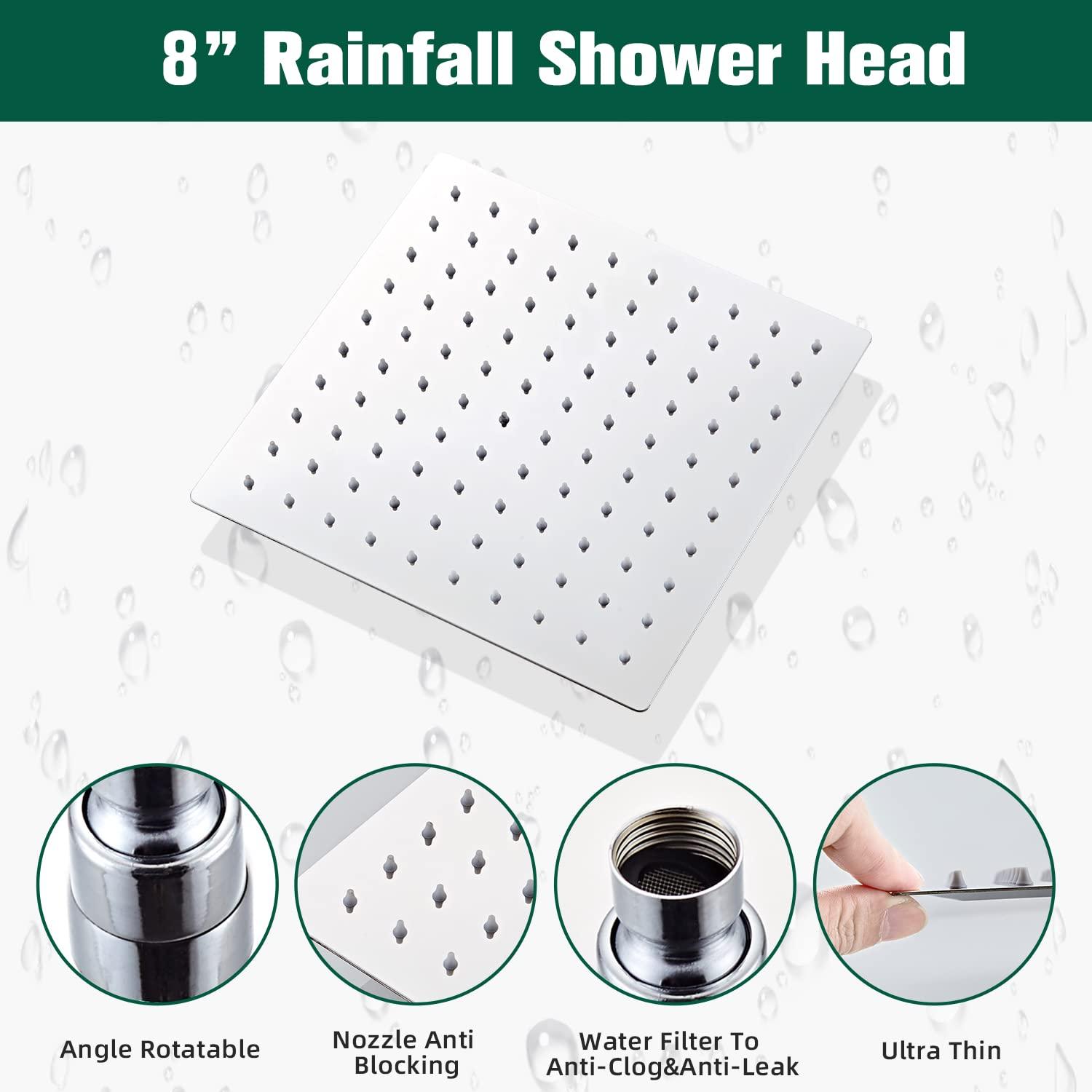 LCEVCGK Shower Head - Shower Faucet Set Square Shower Combo System with 8'' Rainfall Shower Head Wall Mount Handheld Shower, Stainless Steel with Chrome Finish Bath Shower Head,Chrome - Image 4