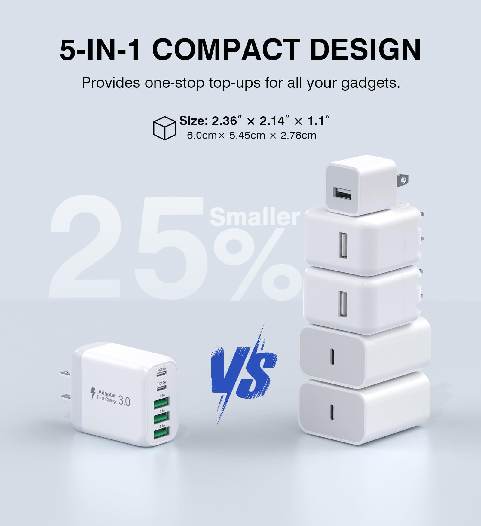 USB C Wall Charger Block, 2Pack 50W 5-Port C Charger Fast Charging Block PD Power Adapter +QC 3.0 Multiport Type C Box Brick Cube USB A Wall Plug for iPhone 16/15/14 Pro Max Plus, iPad,Samsung Galaxy - Image 4