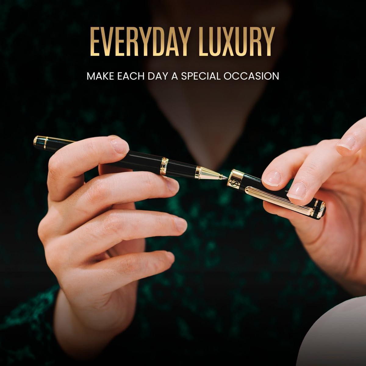 Scriveiner Black Lacquer Rollerball Pen - Stunning Luxury Pen, Real Gold Plating, Schmidt Ink Refill, Best Roller Ball Gift Set for Men & Women, Professional, Executive Office, Nice Pens - Image 5