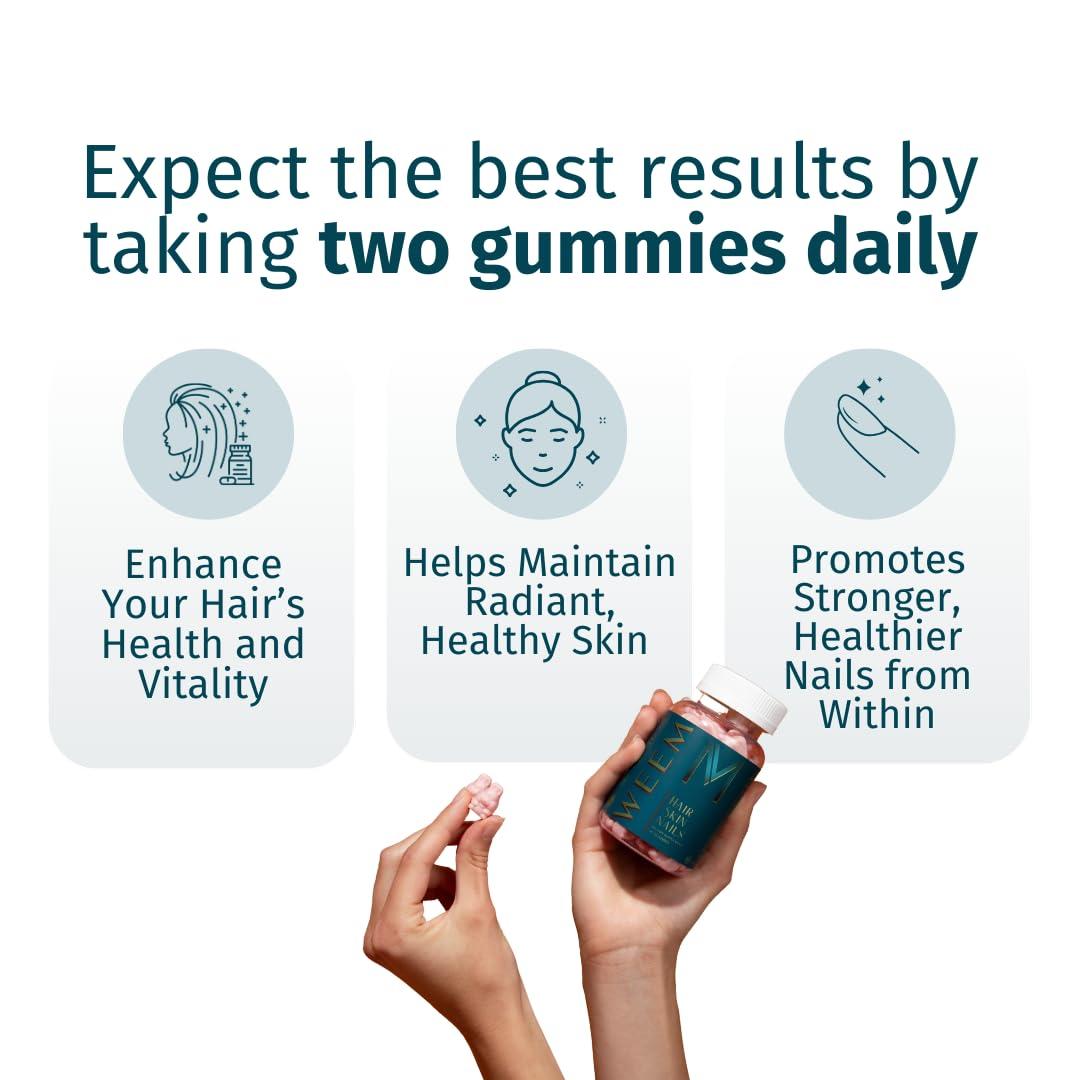 WEEM Hair Skin and Nails Gummies - Supports Healthy Hair - Vegan biotin Vitamins for Women & Men Supports Faster Hair Growth, Stronger Nails, Healthy Skin, Extra Strength (1) - Image 2