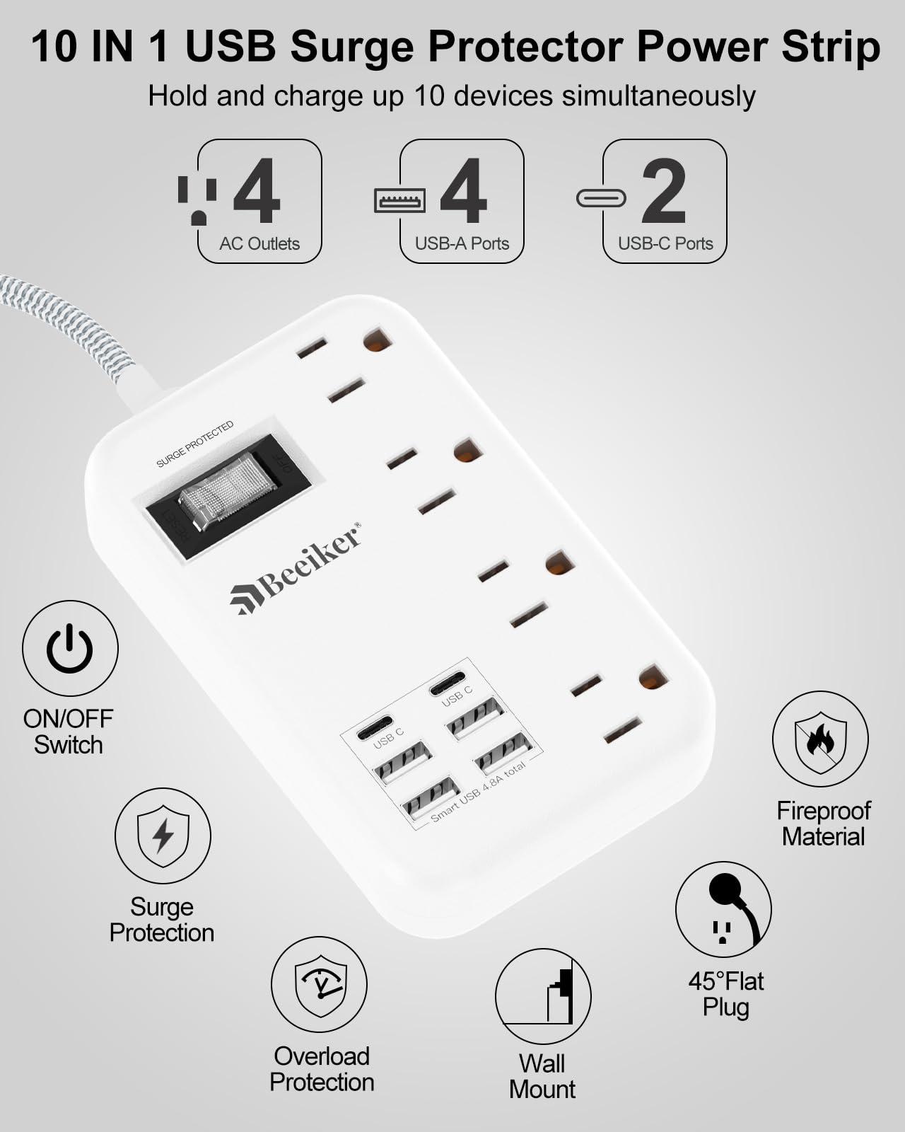 6 USB(2 USB C) Surge Protector Power Strip- 5Ft Travel Power Strip with 4.8A USB Charging Station and 4 Extendable Outlet, 13A Flat Plug Braided Extension Cord with Wall Mount for Travel Office Dorm - Image 3