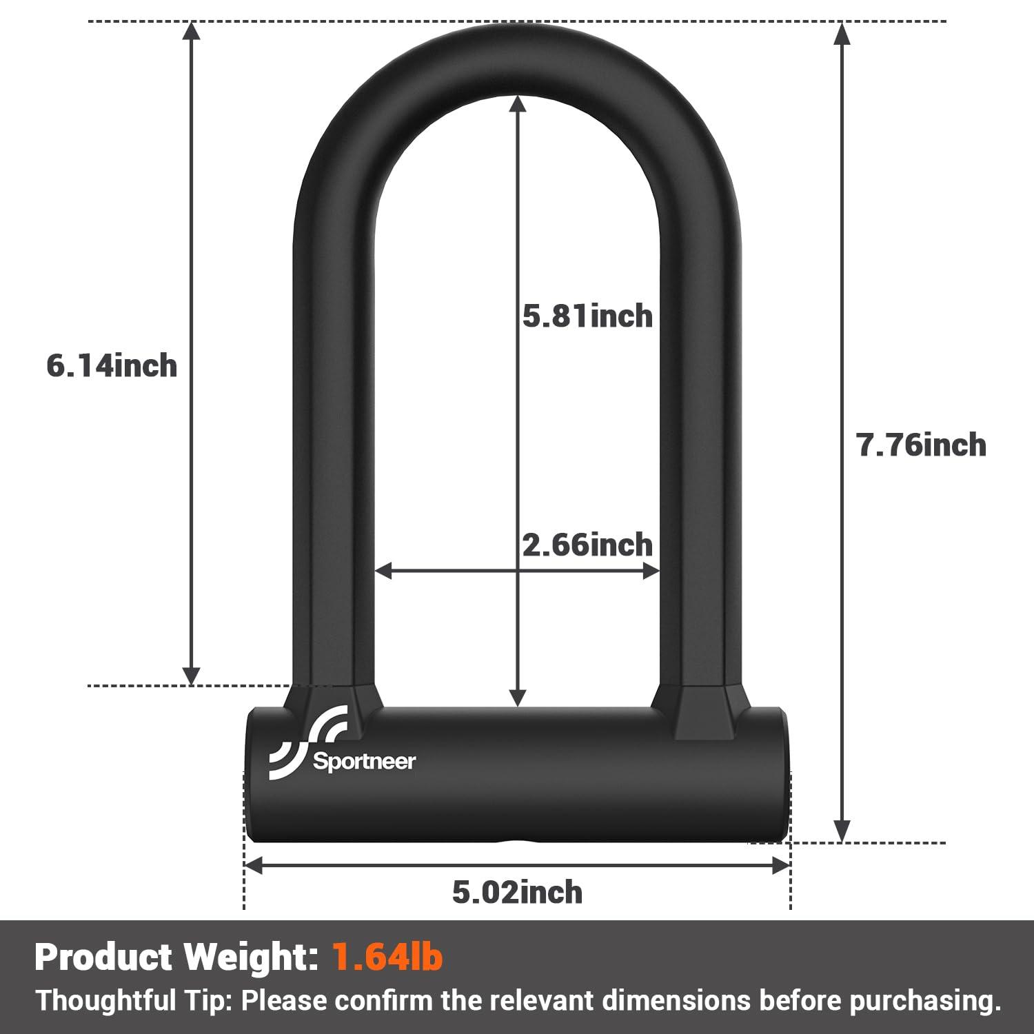 Sportneer Bike Lock: Heavy Duty Anti Theft Bike U Lock with 5ft Security Steel Cable - 17mm Shackle Bicycle U-Locks with Keys & Sturdy Mounting Bracket for Road, Mountain, Electric & Folding Bike - Image 2