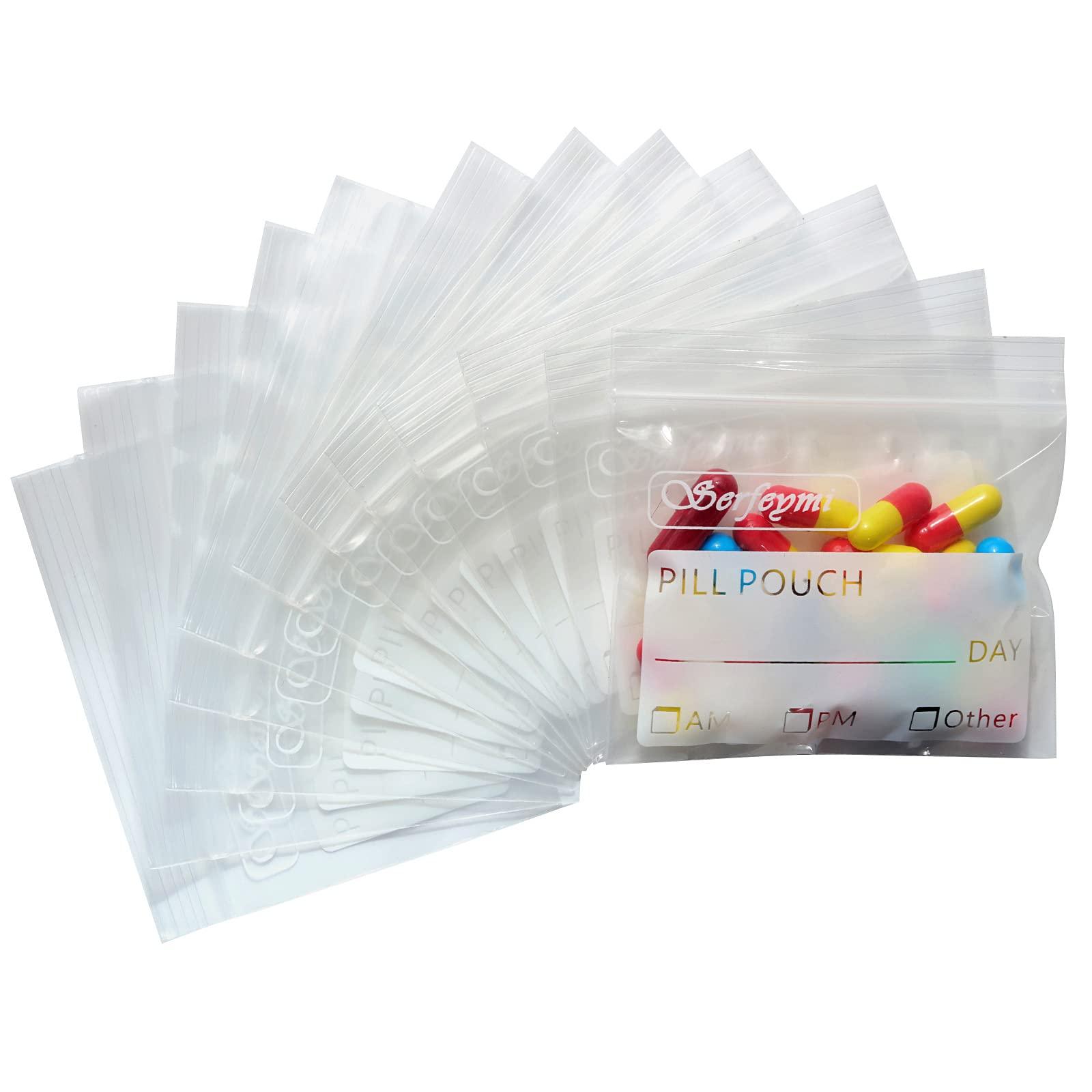 Serfeymi Pill Pouch Bags for Travel Pack of 120 BPA Free 3 x 2.75 inch Reusable Pill Pouches for Medicine with Write on Label Clear Ziplock Seal Waterproof AM PM Pill Baggies for Medicine Organizer