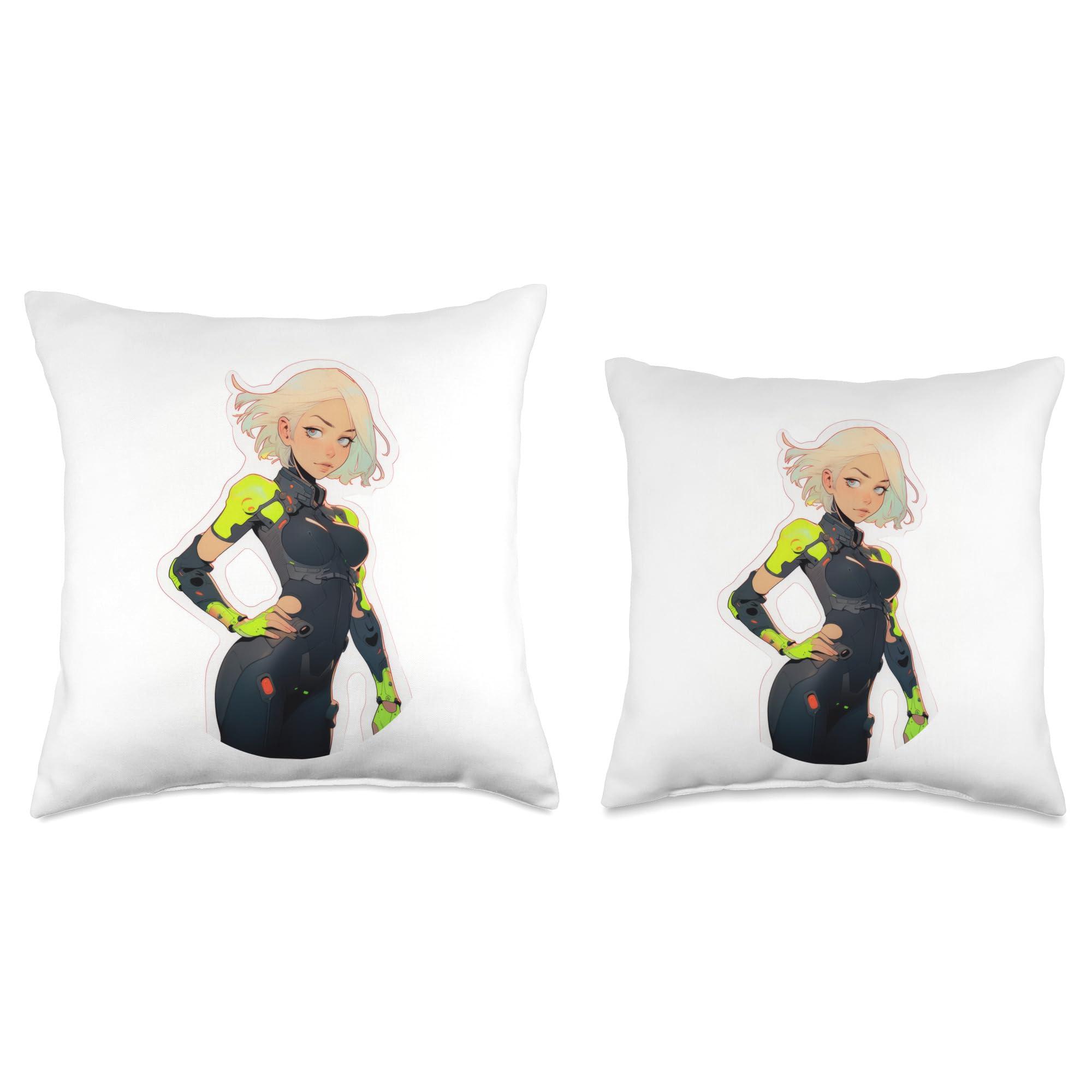 White Hair Cyber-punk Anime & Manga Girl In Cyberware Suit Throw Pillow - Image 3