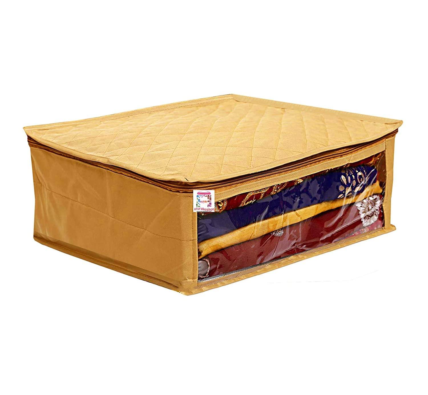 atorakushon Fabric Satin Foldable Saree Covers Garments Clothes Storage Bag Wardrobe Organizers With Double Zip Lock & Transparent Window 4 Pieces Gold - Image 3