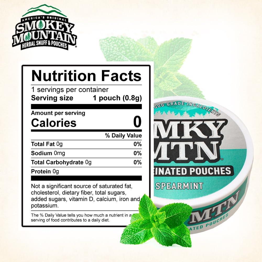 Smokey Mountain Caffeinated Pouches - Spearmint - Tobacco Free and Nicotine Free - 5 Can Box - 15 Pouches Per Can - Image 3