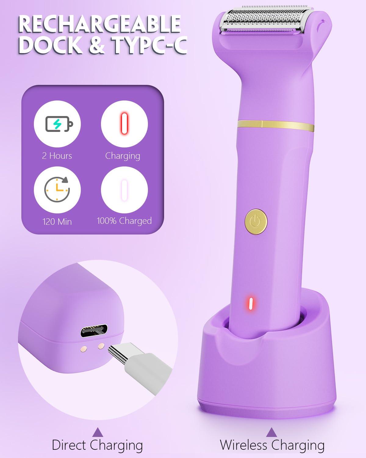 Bikini Trimmer 3 in 1 Electric Razor for Women - IPX7 Waterproof Wet & Dry Body Shaver, Pubic & Facial Hair Remover with Ceramic Blade, USB Rechargeable Dock & Gift Ready - Image 3