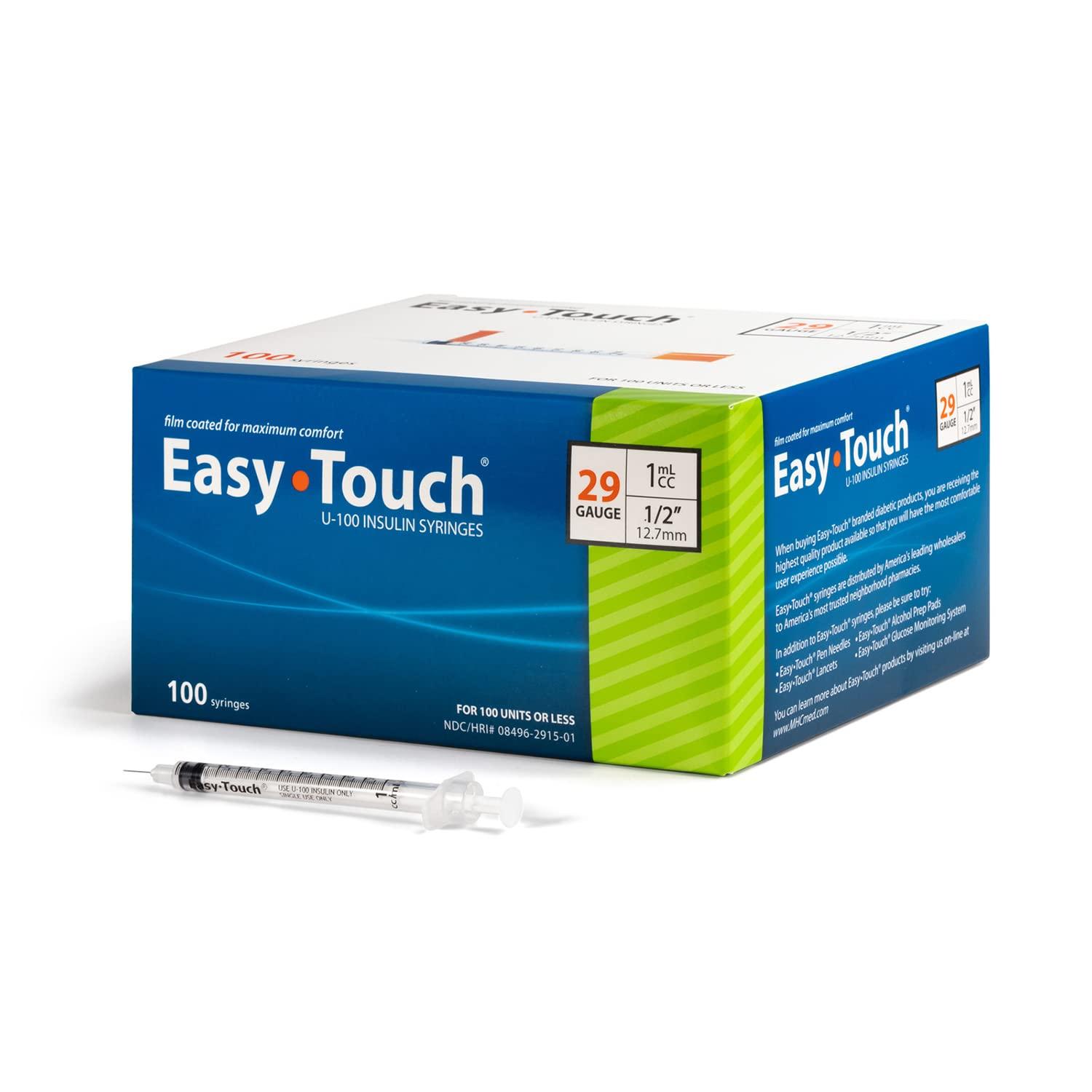 Easy Touch U-100 Insulin Syringe with Needle, 29G 1cc 1/2-Inch (12.7mm), Box of 100