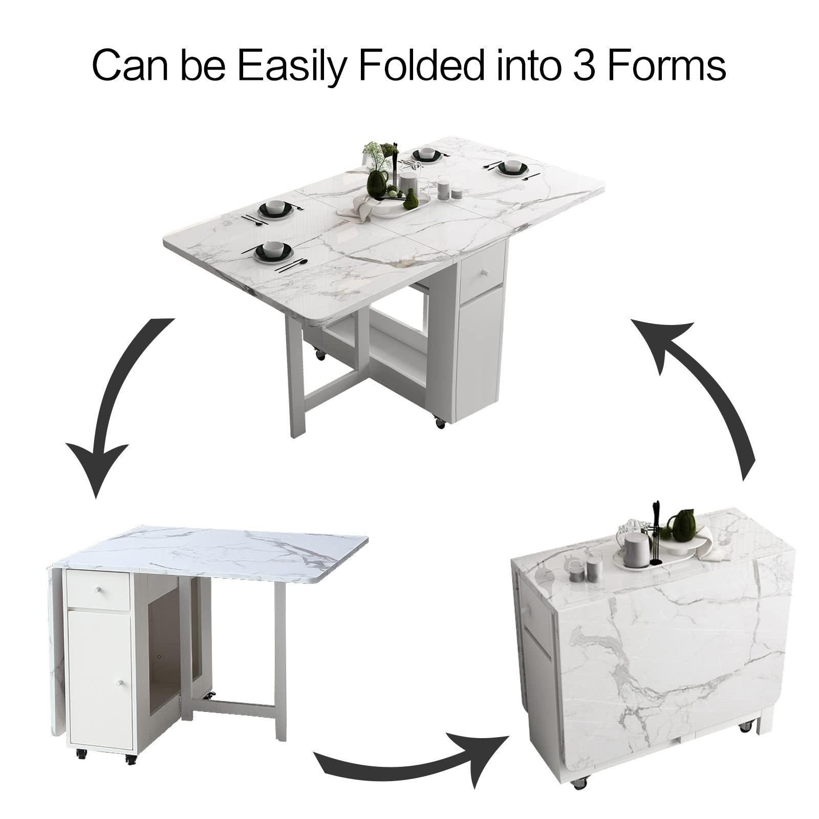 FUNROLUX Folding Dining Table with Rack and 2 Storage Drawers, Movable Extendable Space Saving Kitchen Table in 3 Forms (White) - Image 8
