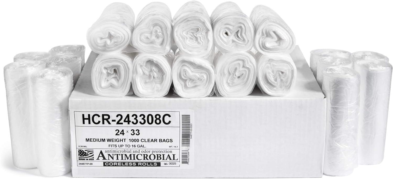 Aluf Plastics High Density Trash Bags, 16 Gallon, 1000 Count, 8 Micron (eq), 24" x 33", Clear, for Bathroom, Office, Industrial, Commercial, Janitorial, Municipal, Recycling