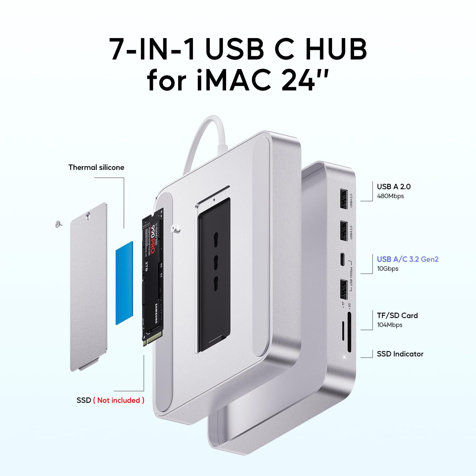 USB C HUB for iMac 24 inch 2021/2023/2024, PULWTOP USB Hub Adapter iMac Accessories for i-Mac M1/M3/M4 with USB C 10Gbps 3*USB A SD/TF, Docking Station Support Expand M.2 SSD (Not Included), Silver - Image 3