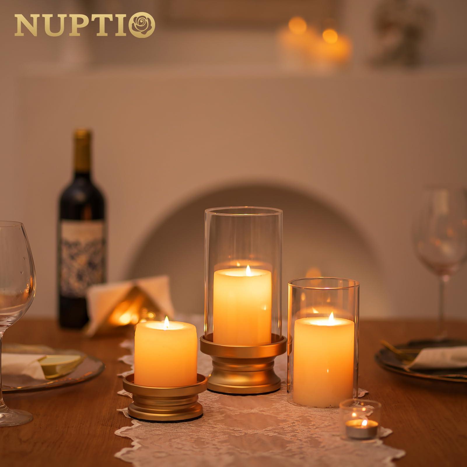NUPTIO Hurricane Candle Holder Gold: Set of 2 Candle Holders for Pillar Candles with Clear Glass Sleeve - Decorative Metal Pillars Stands for Wedding Party Christmas Holiday Dining Table Centerpiece - Image 3