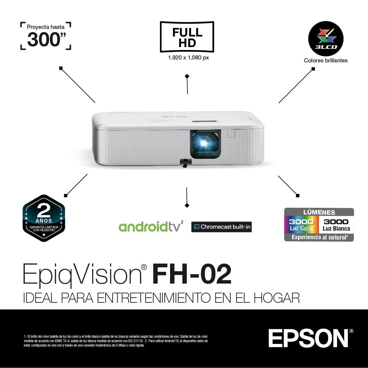 Epson EpiqVision Flex CO-FH02 Full HD 1080p Smart Streaming Portable Projector, 3-Chip 3LCD, 3,000 Lumen Color/White Brightness, Android TV, Bluetooth, 5W Speaker, Home Entertainment - Image 2